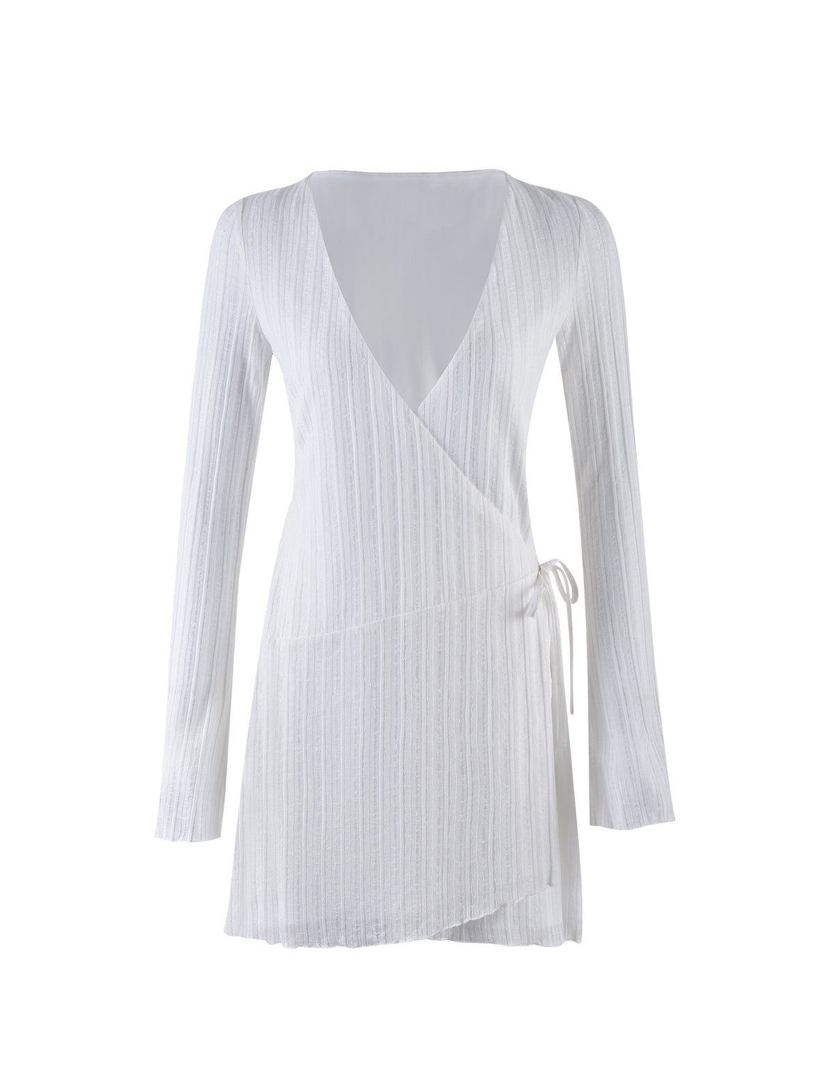 The LEVINS DRESS - WHITE from TIGERMIST is a wrap-style, long-sleeve dress with a v-neckline and an asymmetric hemline. It features a tie detail on the right side for closure and has a subtle, textured, vertical stripe pattern. The design is minimalistic and elegant.