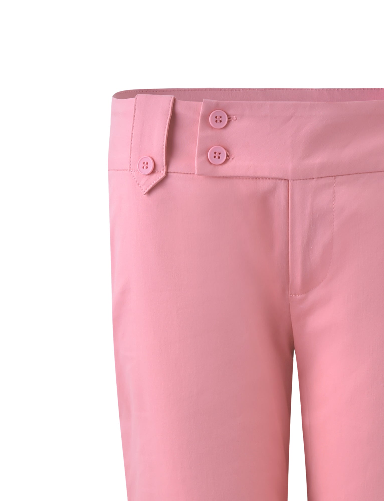 Close-up image of the upper part of the KITTIE PANT - PINK by TIGERMIST. The pants feature a side button closure with two pink buttons and a tab detail at the waistband. The fabric appears to be smooth and slightly structured.