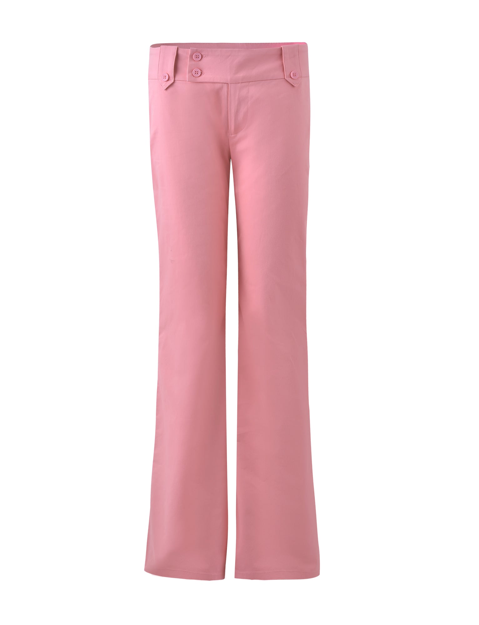 A pair of pink, high-waisted KITTIE PANT from TIGERMIST with a front button and zip closure. The pants feature a smooth texture and two decorative buttons on the waistband near the front pockets.