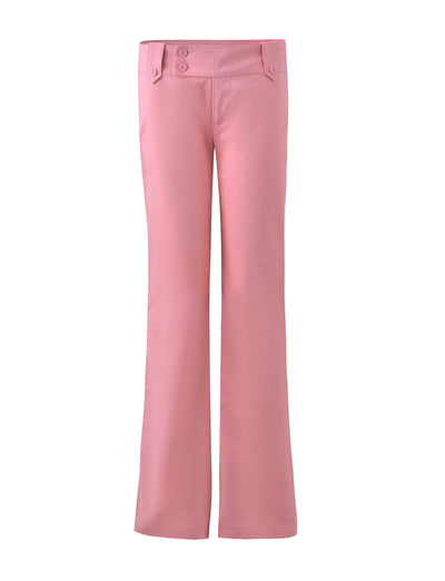 A pair of pink, high-waisted KITTIE PANT from TIGERMIST with a front button and zip closure. The pants feature a smooth texture and two decorative buttons on the waistband near the front pockets.