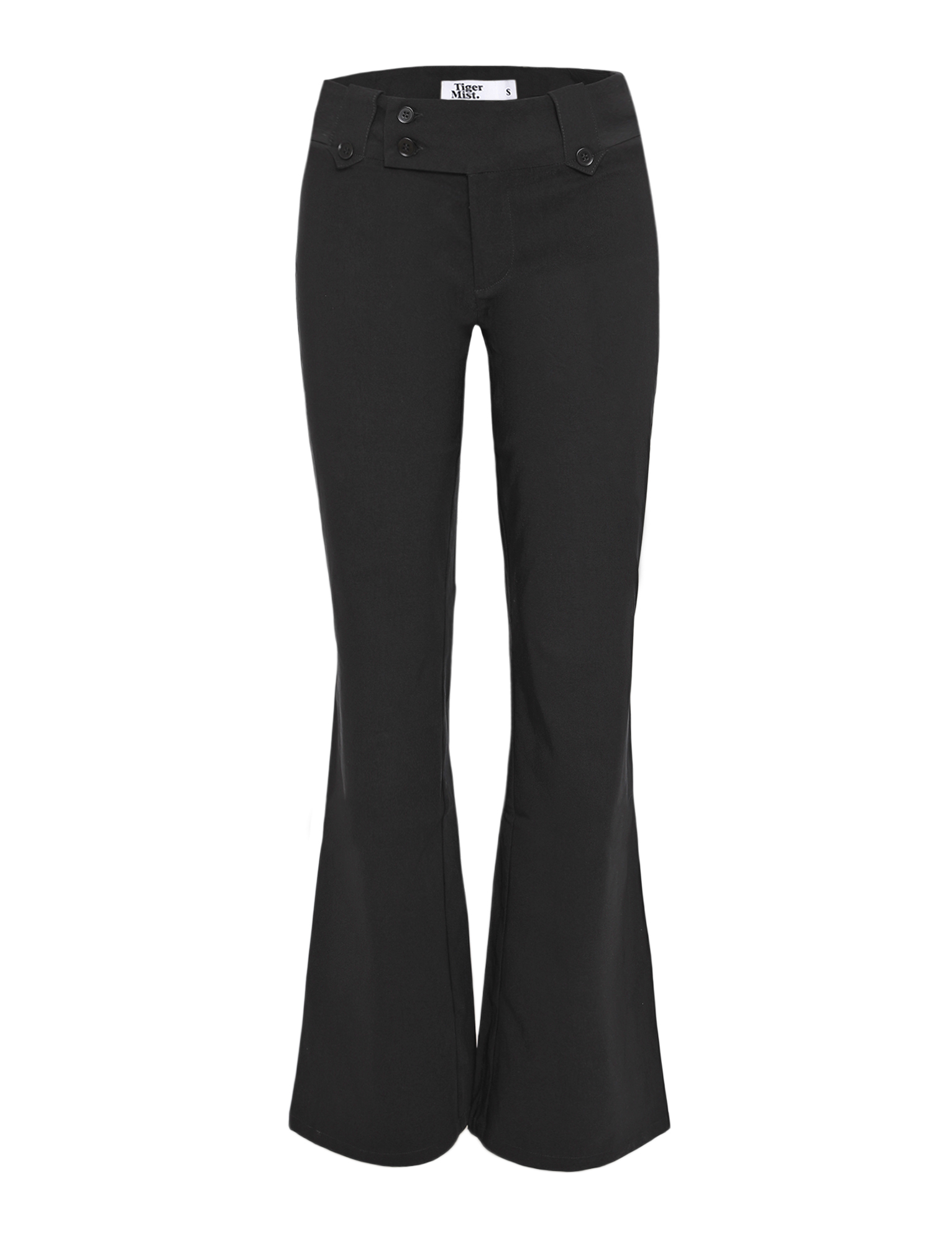 The KITTIE PANT - BLACK by TIGERMIST features a high-waisted, flared leg design with front button details and belt loops, shown against a white background.