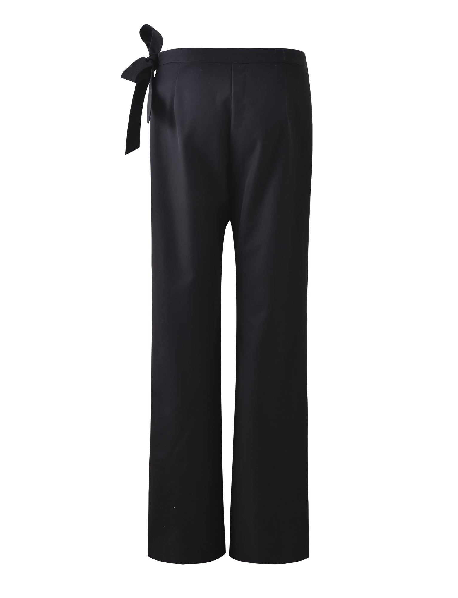 The TRISTAN PANT - BLACK from TIGERMIST is displayed against a white background. These trousers feature a high waist with a tied bow on the left side and have a straight-leg design, offering a classic and elegant look.