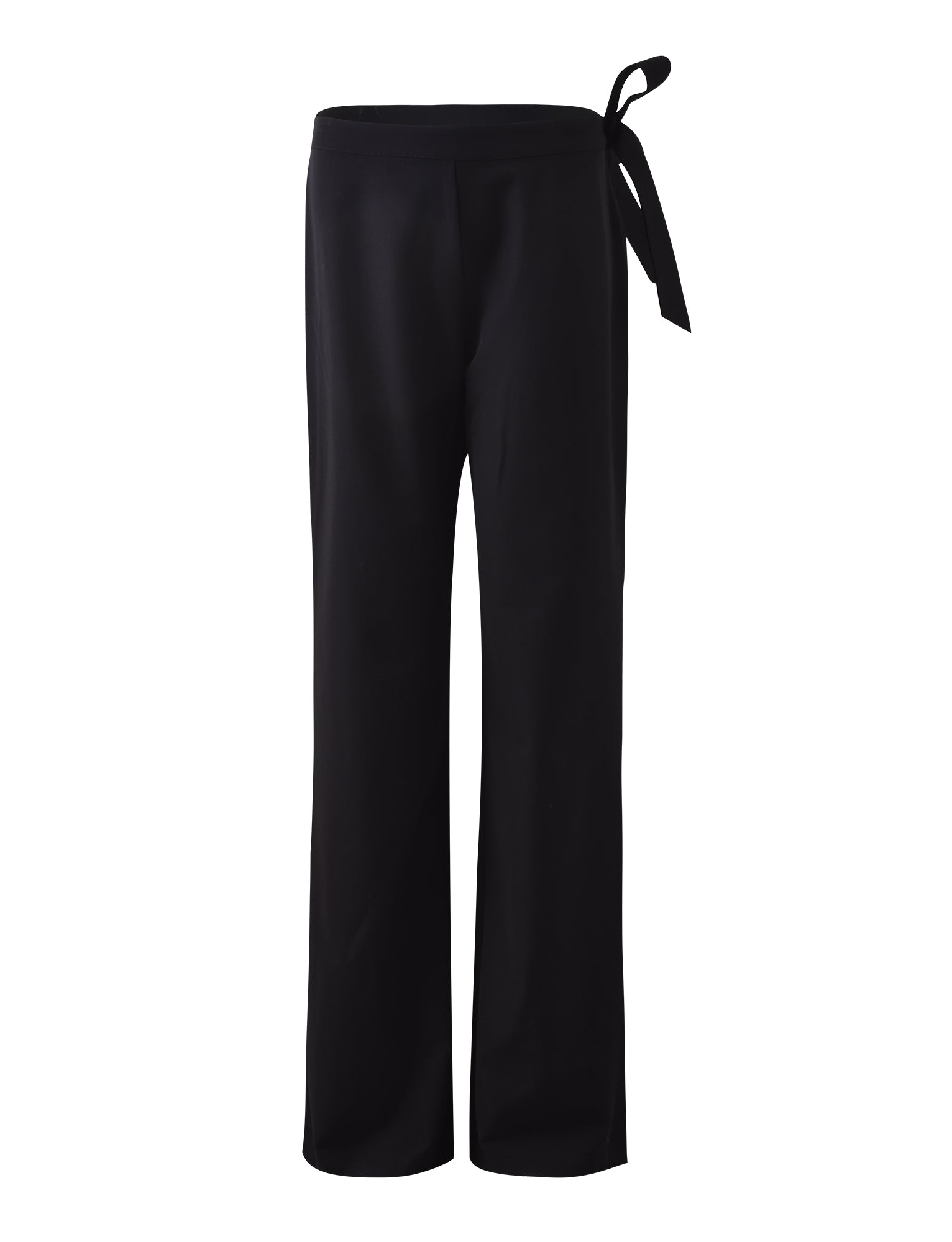 The TRISTAN PANT - BLACK by TIGERMIST features a sleek, satin finish with a side tie detail at the waist, showcasing a clean, minimalist design and an elegant, flowy silhouette.