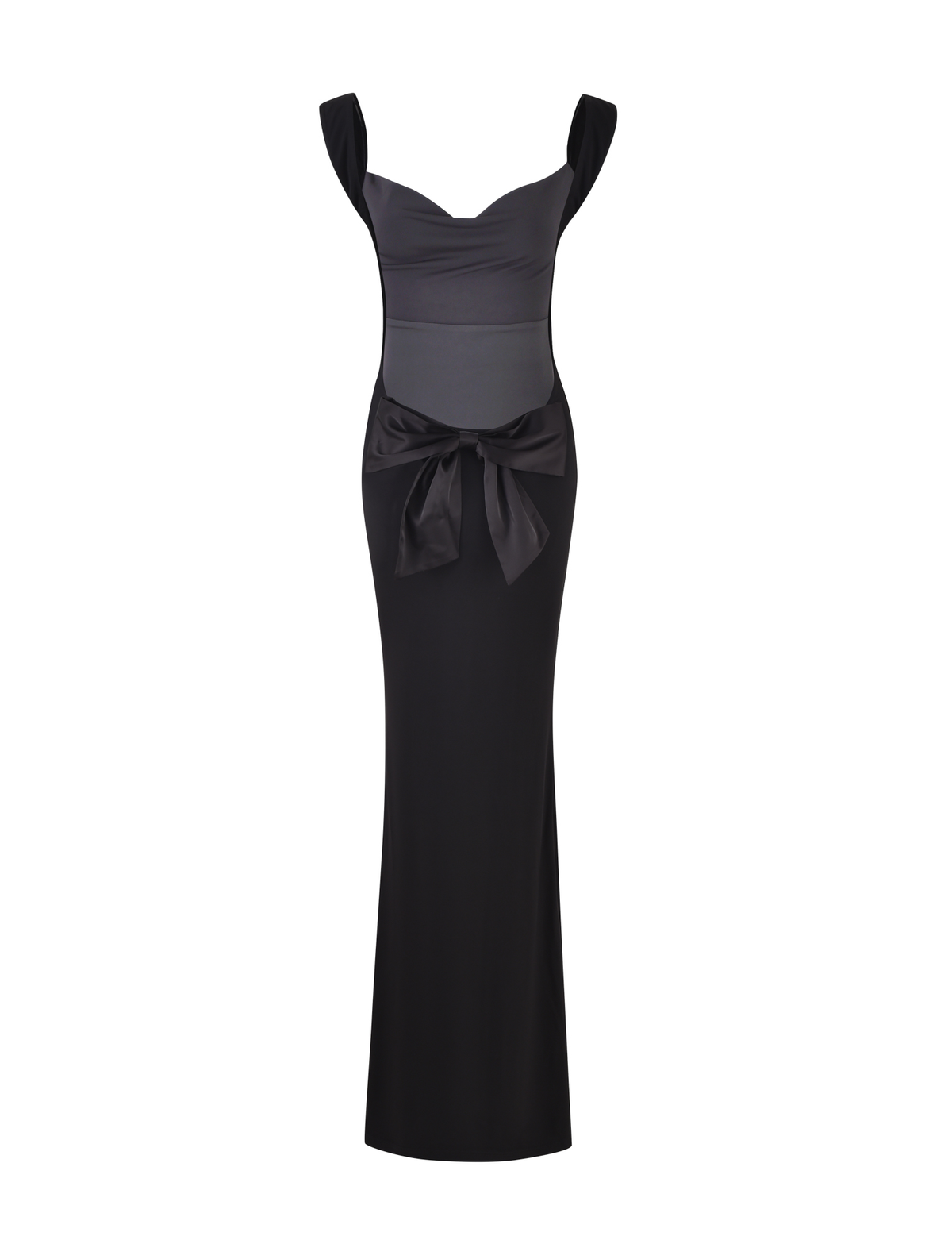 The TIGERMIST ZITA DRESS - BLACK is a black maxi evening gown with wide shoulder straps, a bodycon fit, and a large satin bow at the waist, shown against a plain white background.