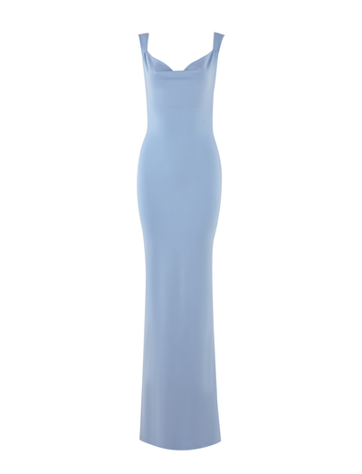 The TIGERMIST ZITA DRESS - BLUE : BABY BLUE is a sleeveless, floor-length bodycon dress with a cowl neckline in light blue, shown against a plain white background.