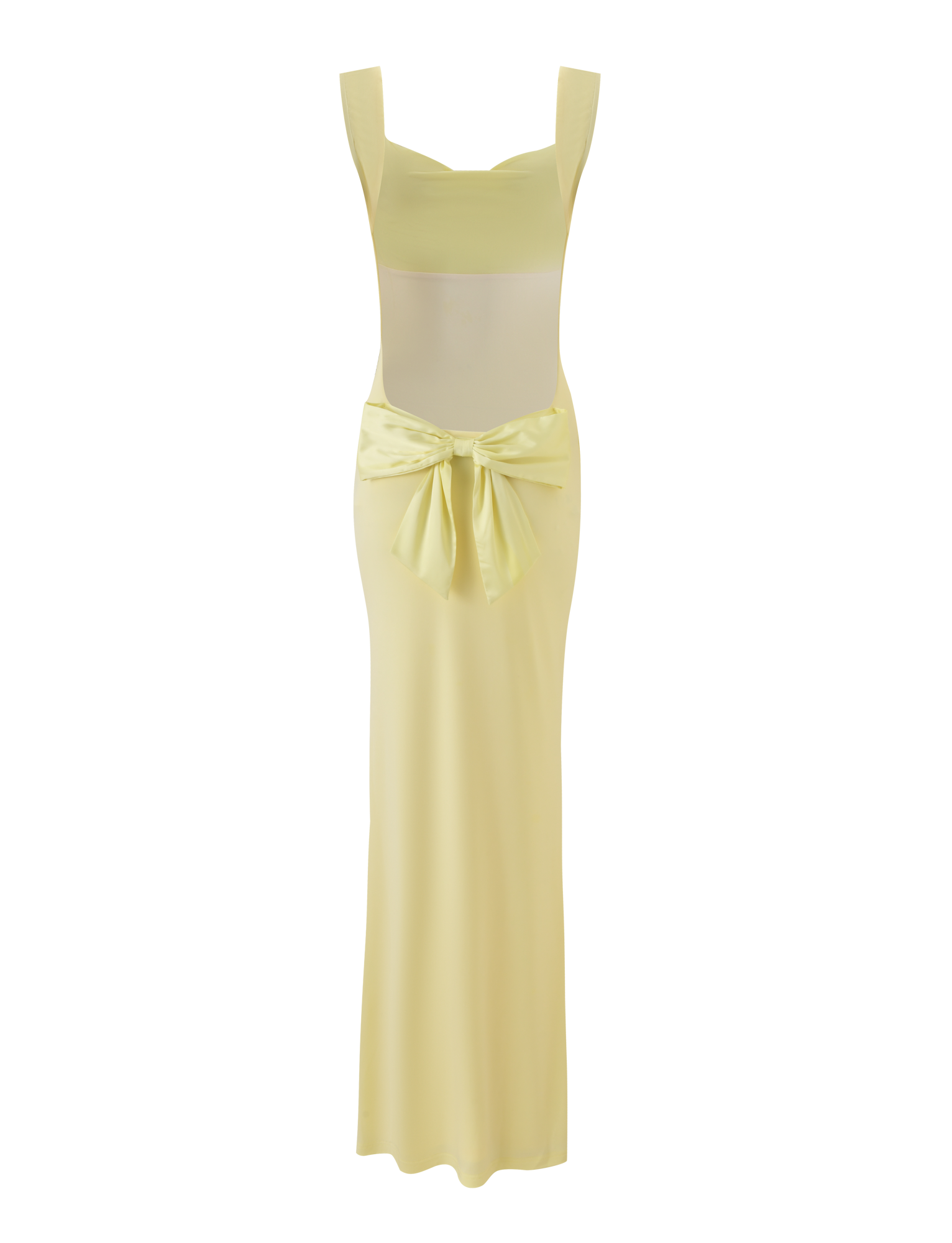 The TIGERMIST ZITA MAXI DRESS in Lemon is a pastel yellow, sleeveless dress with wide straps, a square neckline, fitted bodice, straight bodycon silhouette, and a large satin waist bow. Displayed on a plain background.