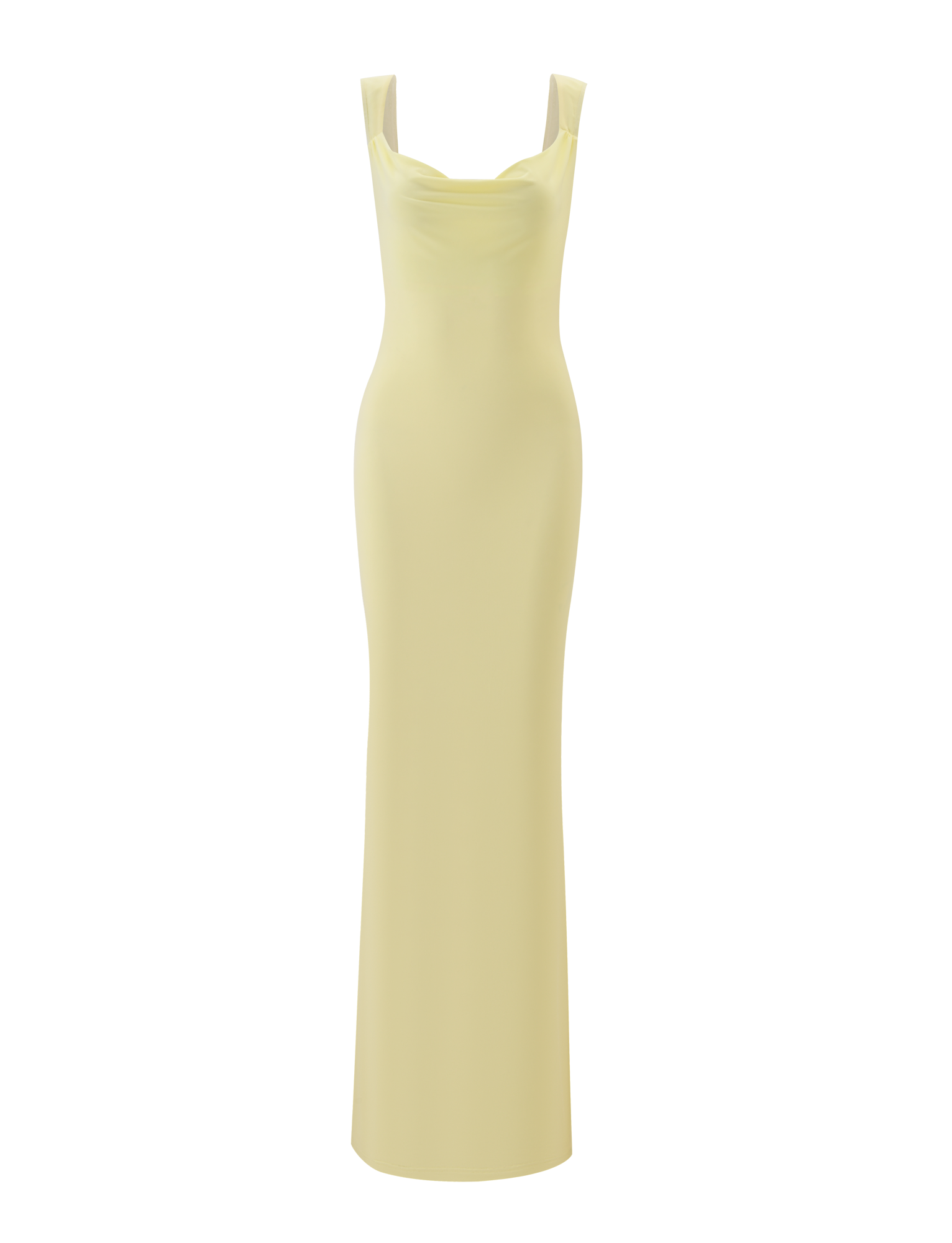 The TIGERMIST ZITA MAXI DRESS - LEMON is a long, sleeveless bodycon dress in pastel yellow with a subtle cowl neckline, shown on a plain light background.