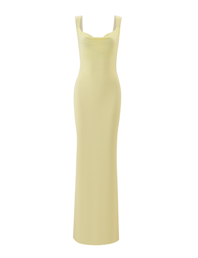 The TIGERMIST ZITA MAXI DRESS - LEMON is a long, sleeveless bodycon dress in pastel yellow with a subtle cowl neckline, shown on a plain light background.