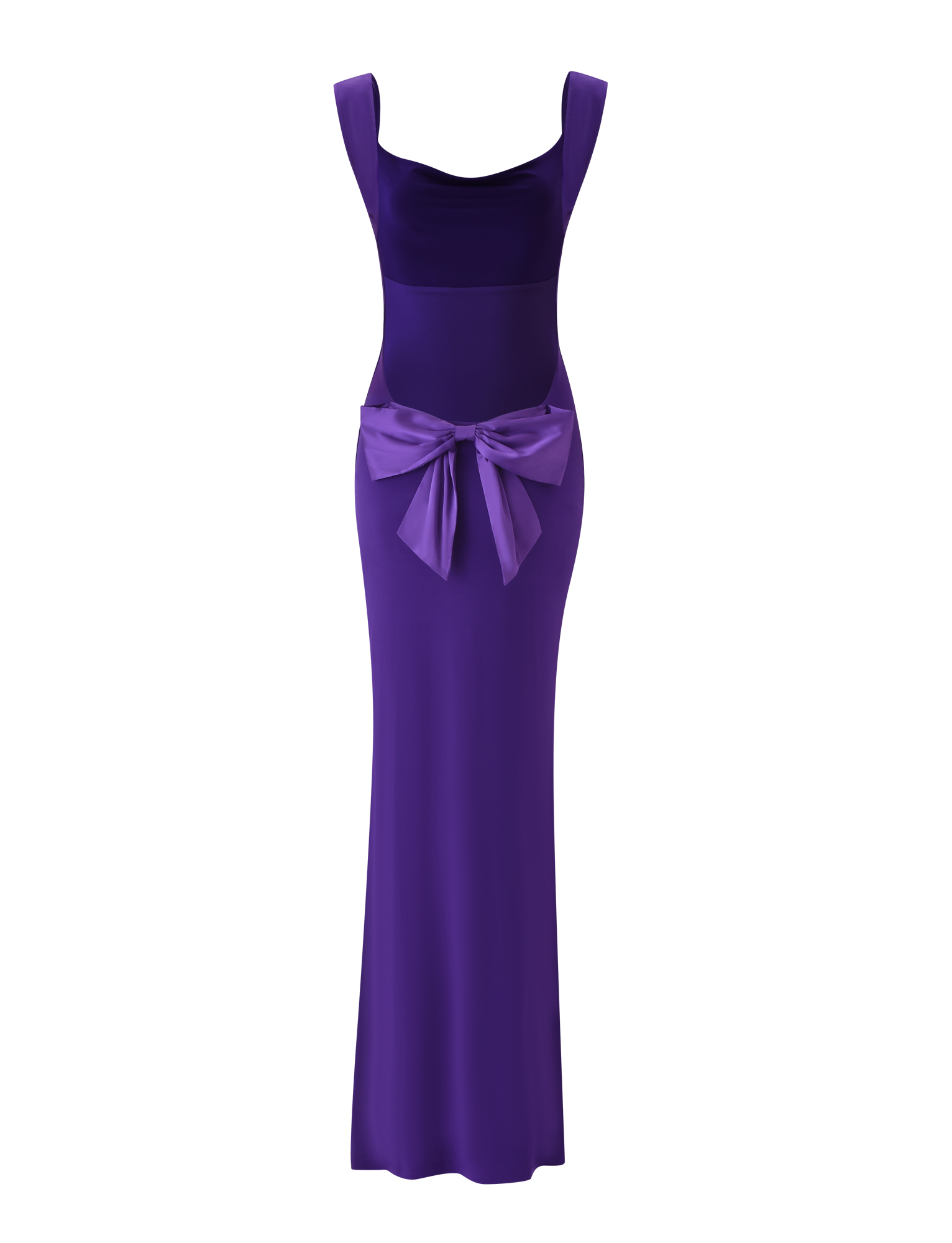 The TIGERMIST ZITA MAXI DRESS - PURPLE is a long, deep purple bodycon dress featuring a large decorative waist bow, shown on a white background.