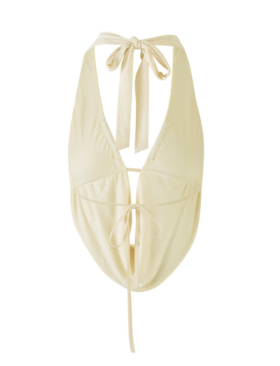 The PEARL TOP - YELLOW: PALE LEMON: BUTTER from TIGERMIST is a light yellow sleeveless top featuring a deep v-neck with a halter-style tie at the neck and an additional tie at the base of the v-neck. Made of smooth, lightweight fabric, this piece combines elegance and ease.