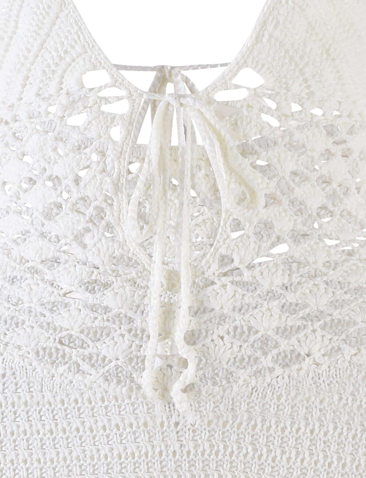 Close-up of the ISABELL DRESS in white by TIGERMIST, highlighting its intricate crocheted patterns and tie detail at the neckline. The crochet work incorporates various textures and openwork designs, offering a delicate and handcrafted look.