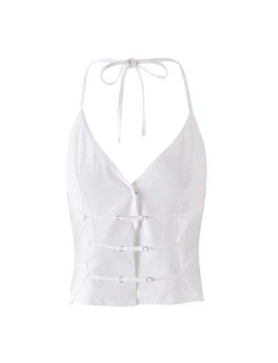 Introducing the JAYLIN VEST - WHITE from TIGERMIST: This sleek, white sleeveless halter top boasts a deep V-neckline, complemented by three horizontal buckle straps across the midsection and a tie closure at the neck. The smooth, form-fitting material ensures a flawless look.