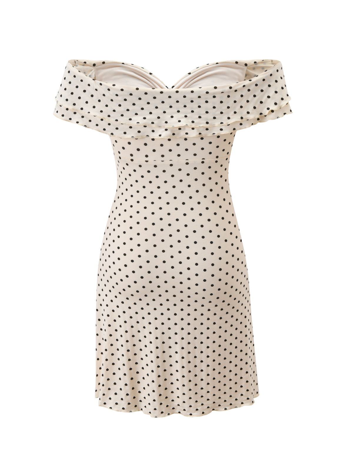 The DENALI MINI DRESS by TIGERMIST is a cream, off-shoulder mini dress with black polka dots, a wide ruffled neckline, and a fitted silhouette—ideal for a chic statement.