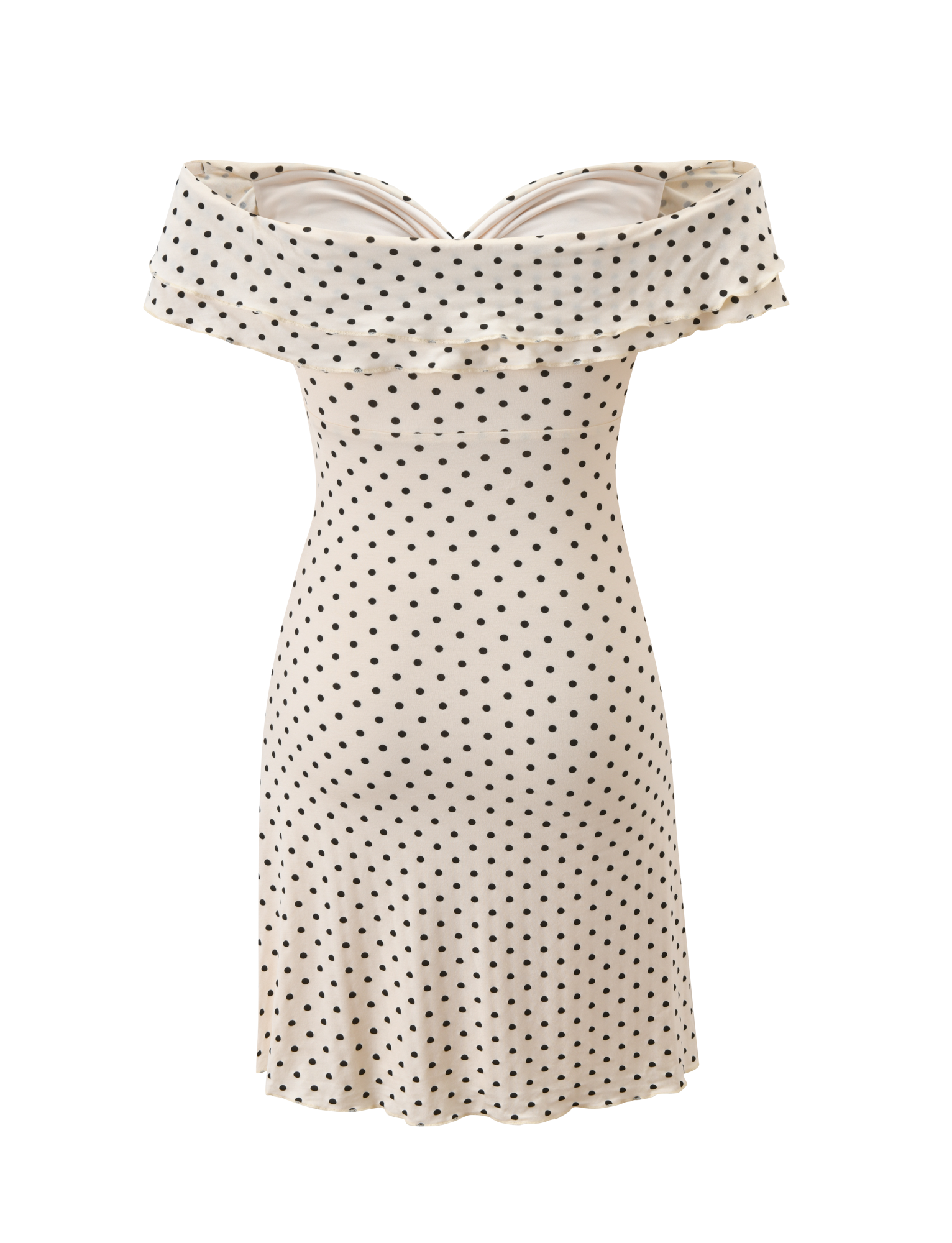 The DENALI MINI DRESS by TIGERMIST is a cream, off-shoulder mini dress with black polka dots, a wide ruffled neckline, and a fitted silhouette—ideal for a chic statement.