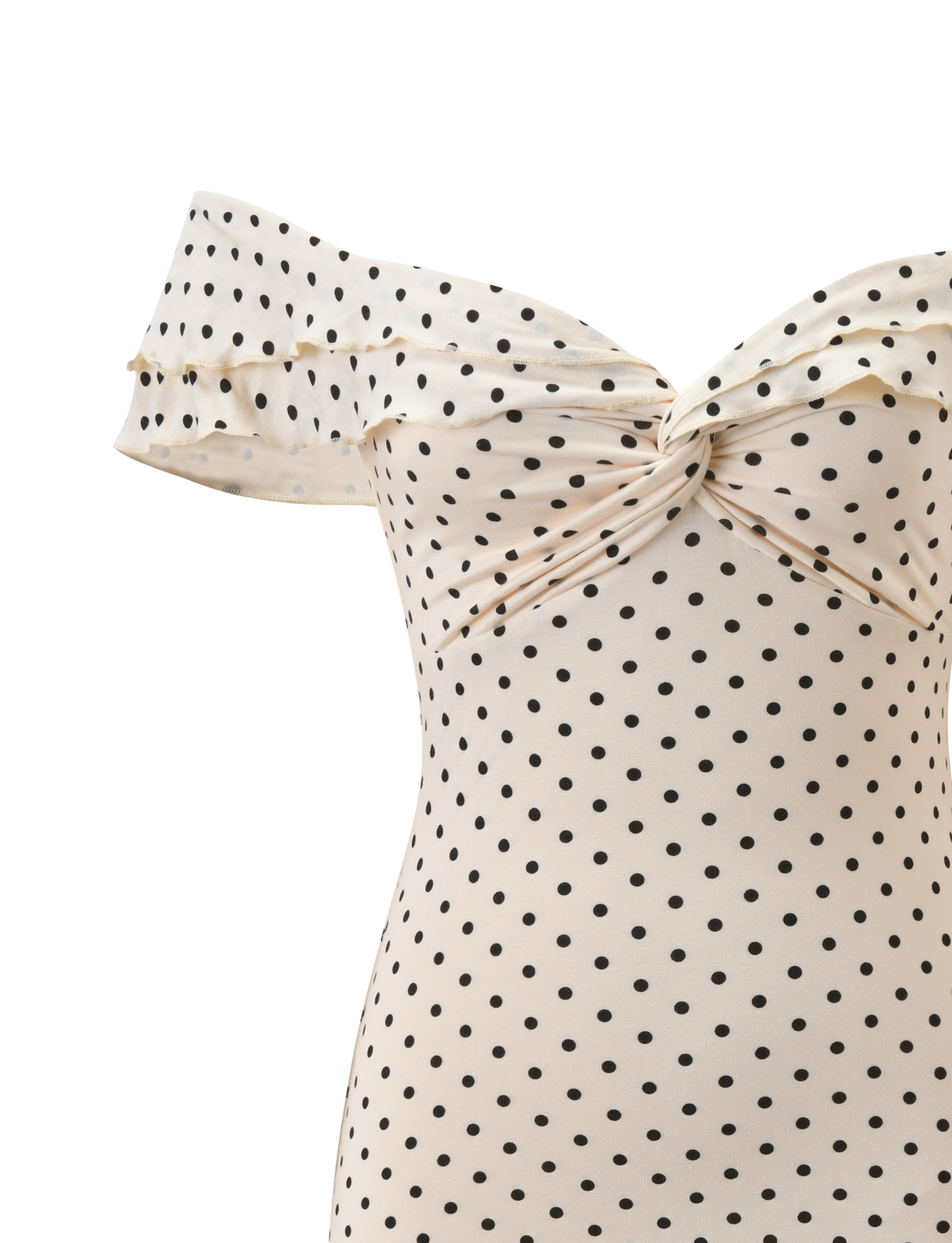 The DENALI MINI DRESS - CREAM DOT by TIGERMIST features an off-the-shoulder design with a twisted front, ruffled neckline, and mini A-line silhouette adorned with chic cream polka dots.