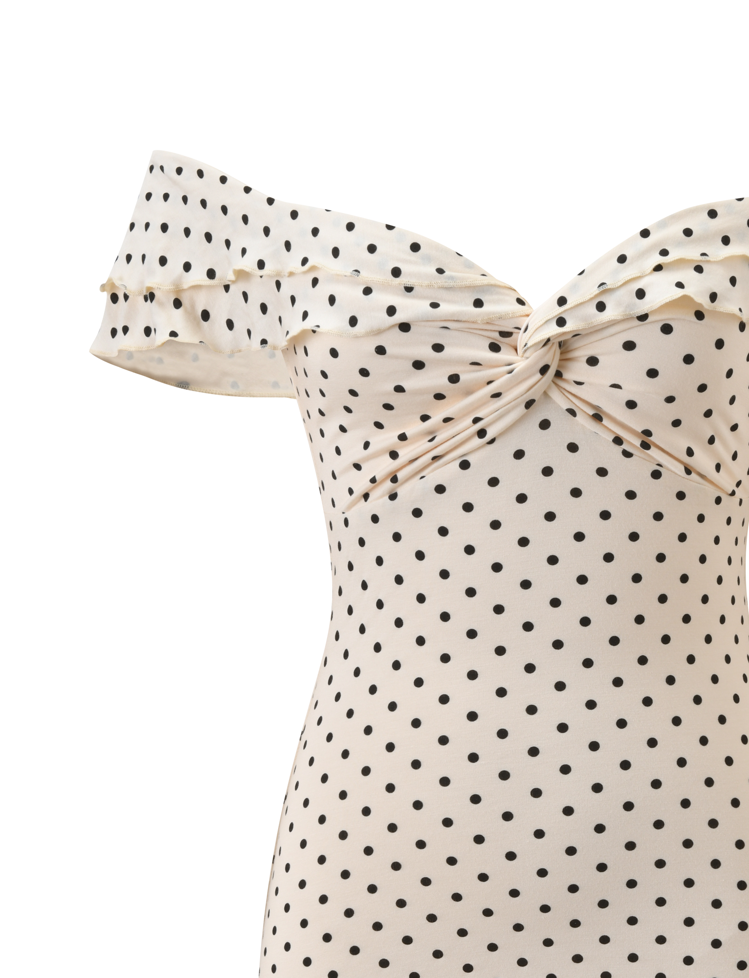 The DENALI MINI DRESS - CREAM DOT by TIGERMIST features an off-the-shoulder design with a twisted front, ruffled neckline, and mini A-line silhouette adorned with chic cream polka dots.