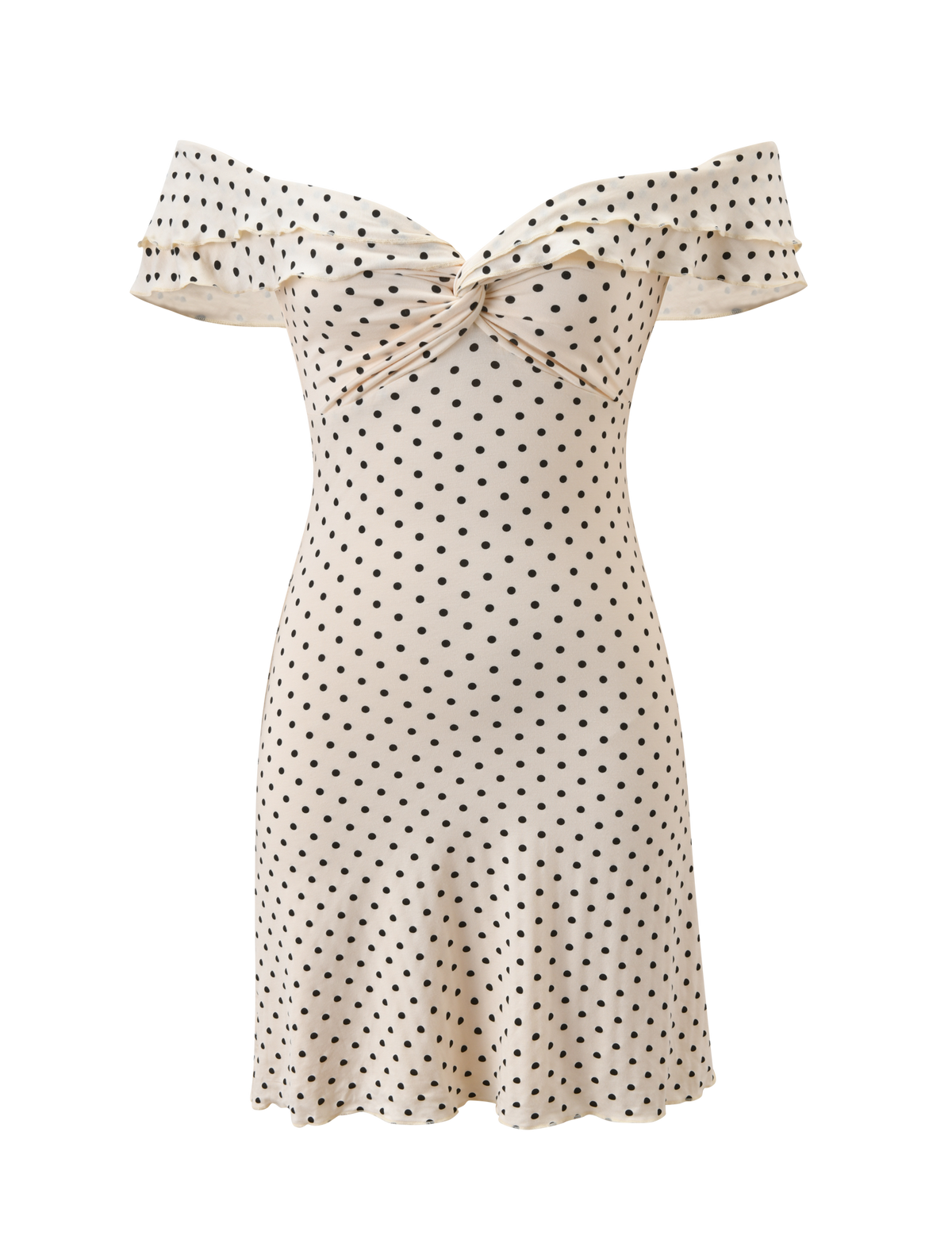 The DENALI MINI DRESS - CREAM DOT by TIGERMIST features an off-the-shoulder style, twisted bust knot, and a fitted mini A-line silhouette—an effortlessly chic choice for any occasion.