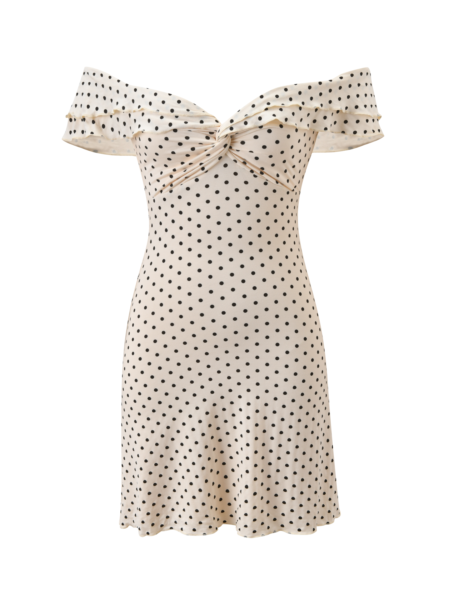 The DENALI MINI DRESS - CREAM DOT by TIGERMIST features an off-the-shoulder style, twisted bust knot, and a fitted mini A-line silhouette—an effortlessly chic choice for any occasion.