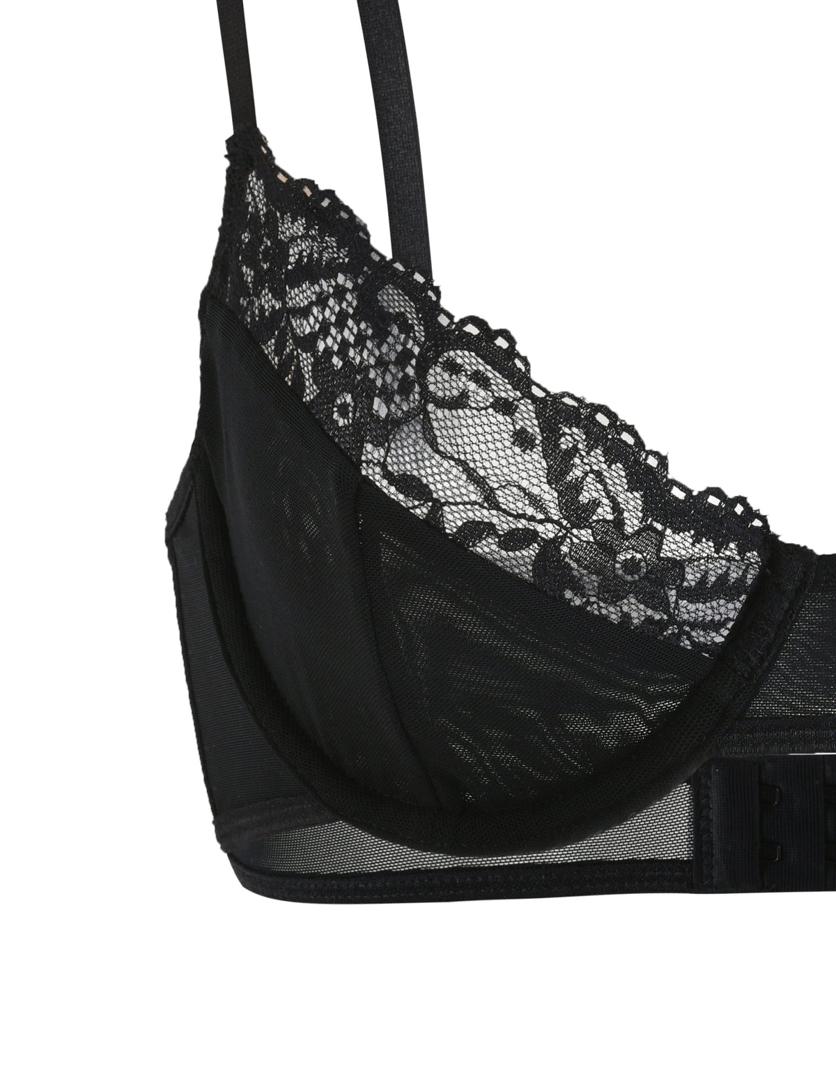 A close-up of the ARA SET - BLACK bra on a white background. The bra, from TIGERMIST, features intricate floral lace detailing on the cup, sheer mesh sides, and adjustable straps. The lingerie appears to be elegant and delicate, emphasizing the lace pattern in the design.