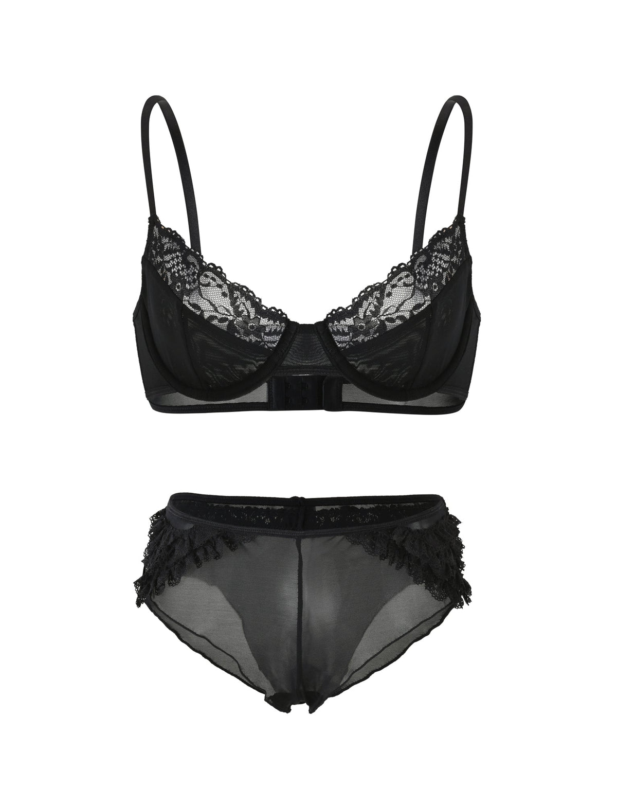Introducing the ARA SET - BLACK from TIGERMIST: a black lace lingerie ensemble showcasing a sheer underwire bra with adjustable straps, complemented by mid-rise panties. Both pieces are elegantly adorned with delicate lace detailing and photographed against a plain white background.
