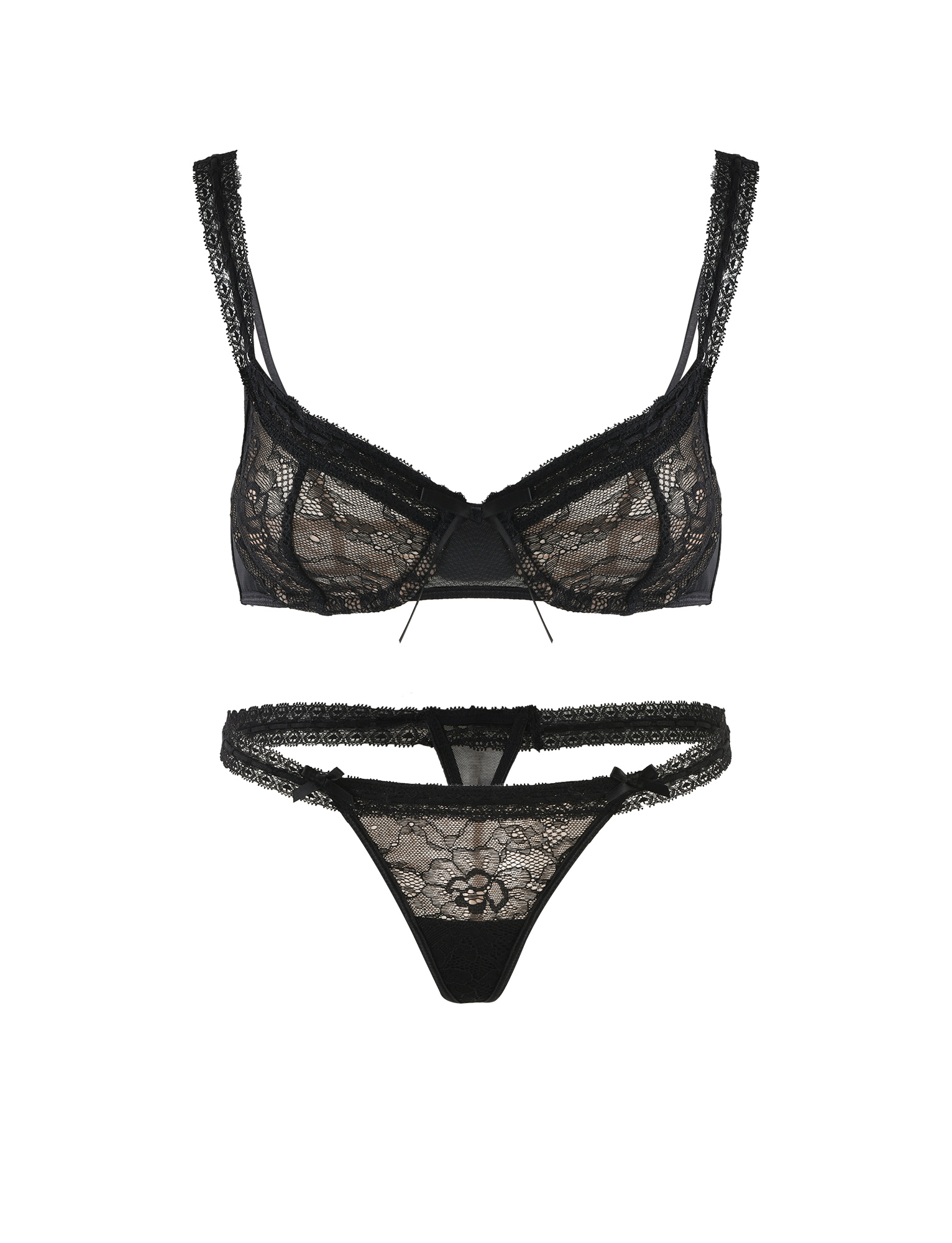 The TIGERMIST PANDORA SET - BLACK is a lace lingerie set with an adjustable bra, thin straps, and matching panties, both decorated with floral lace patterns and bow accents.