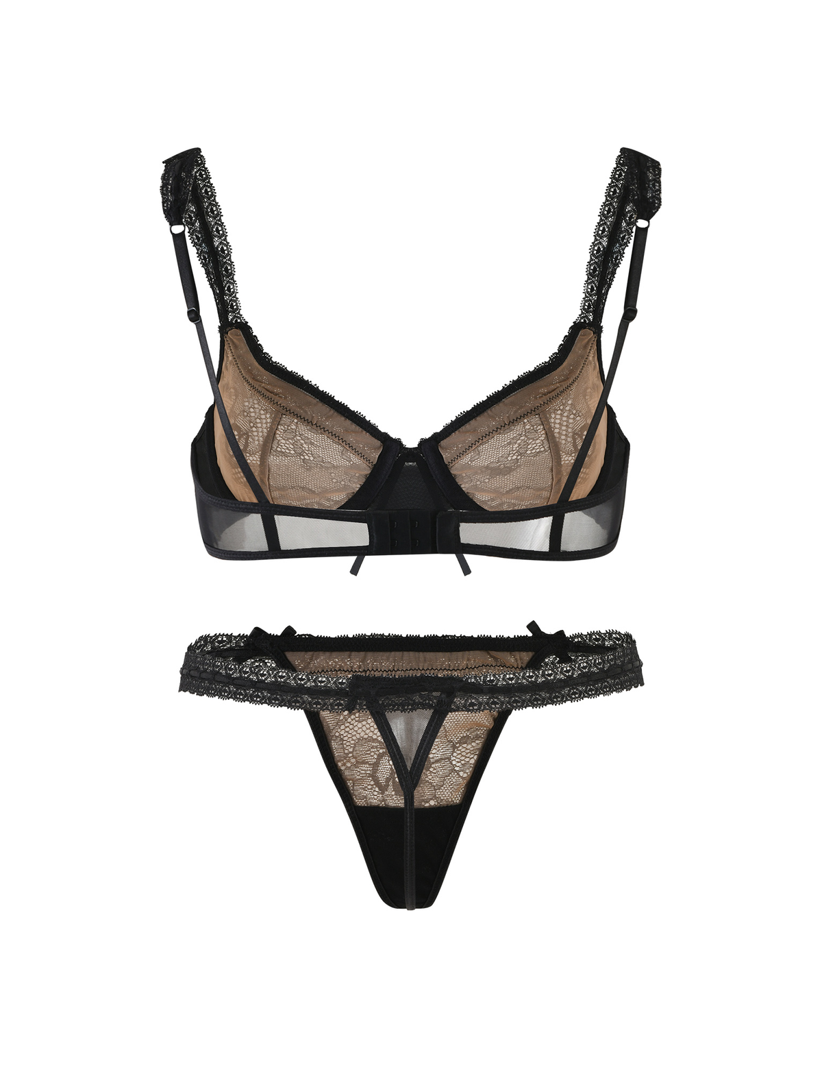 The PANDORA SET - BLACK by TIGERMIST features a sheer underwire bra with adjustable straps and a matching thong, both in black lace with delicate trim for a flattering fit.