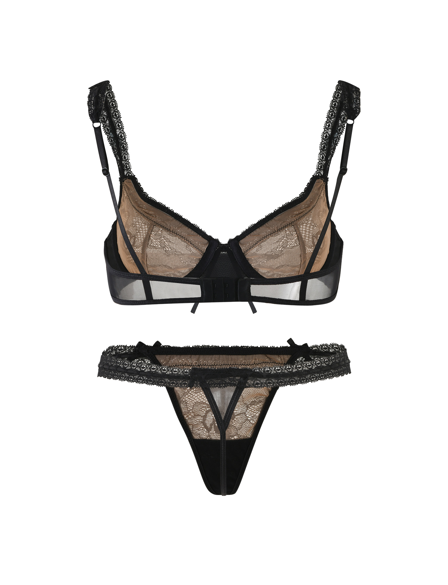 The PANDORA SET - BLACK by TIGERMIST features a sheer underwire bra with adjustable straps and a matching thong, both in black lace with delicate trim for a flattering fit.