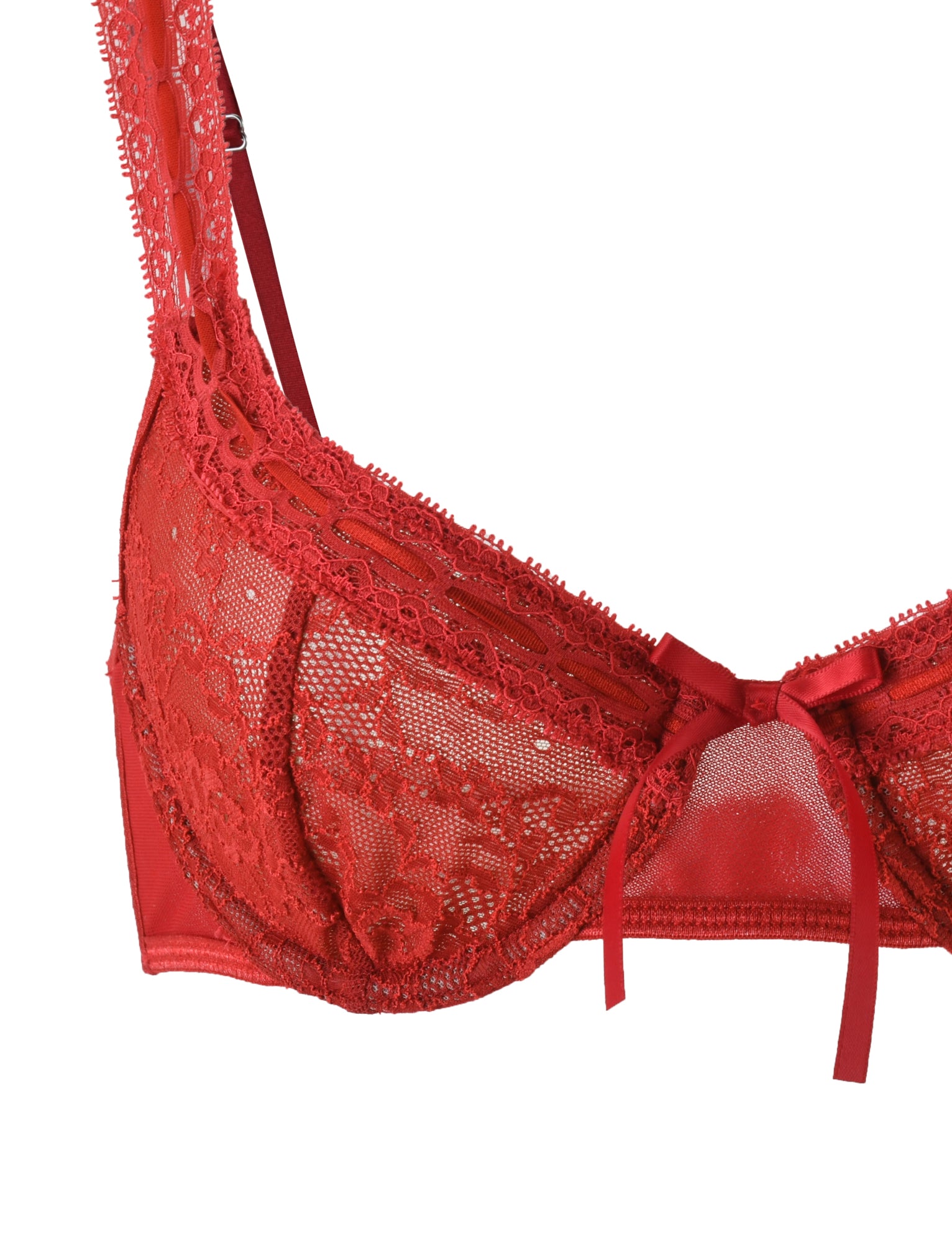 Close-up image of the PANDORA SET - RED : SALSA bralette by TIGERMIST. The bralette showcases intricate lace detailing, sheer fabric, and a small bow at the center front. The visible shoulder strap adds to its delicate and feminine style.