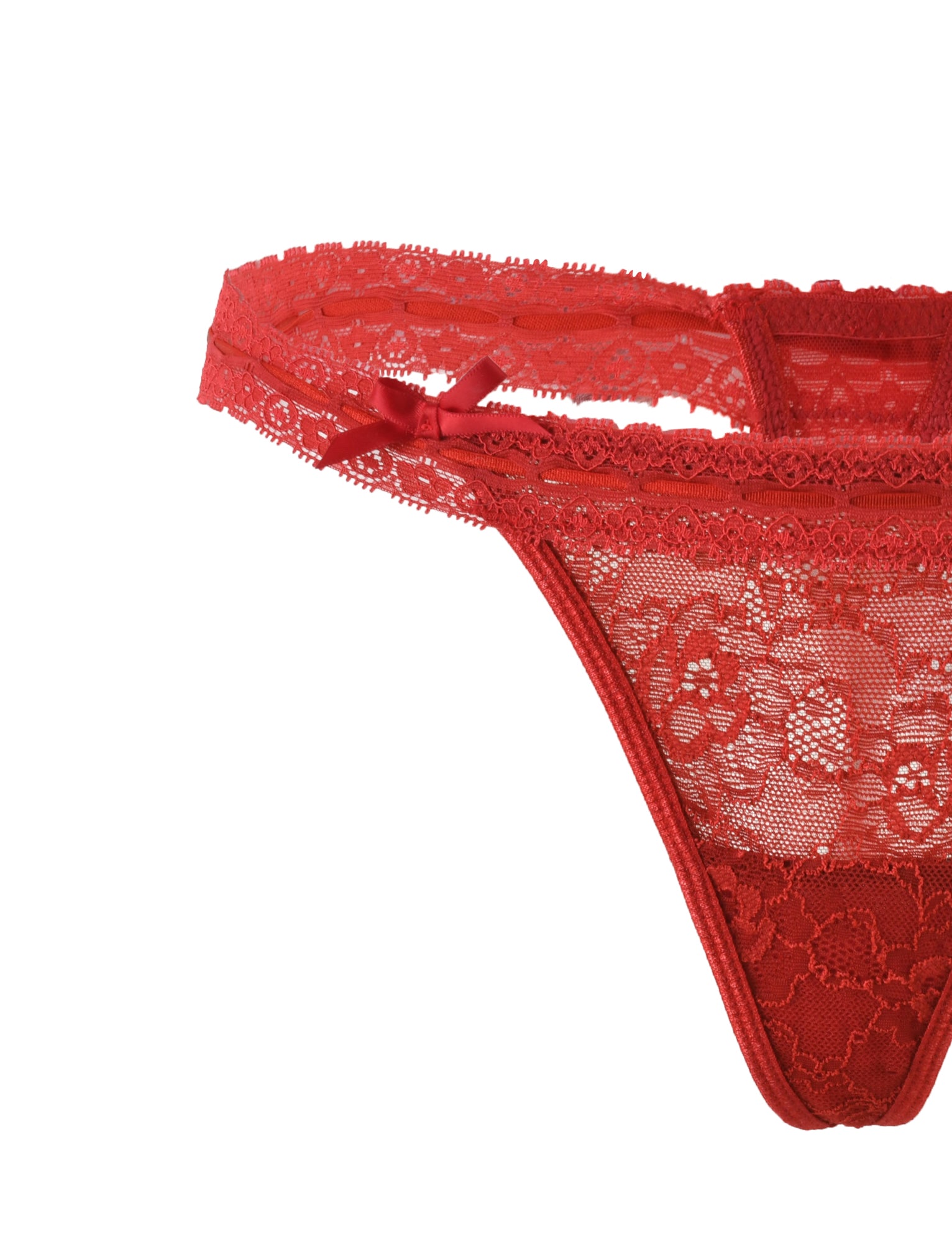 Close-up image of the PANDORA SET - RED: SALSA lace thong by TIGERMIST featuring intricate floral patterns and a small decorative bow. The delicate semi-transparent fabric showcases the detailed lacework and craftsmanship, giving the thong a feminine and elegant design.