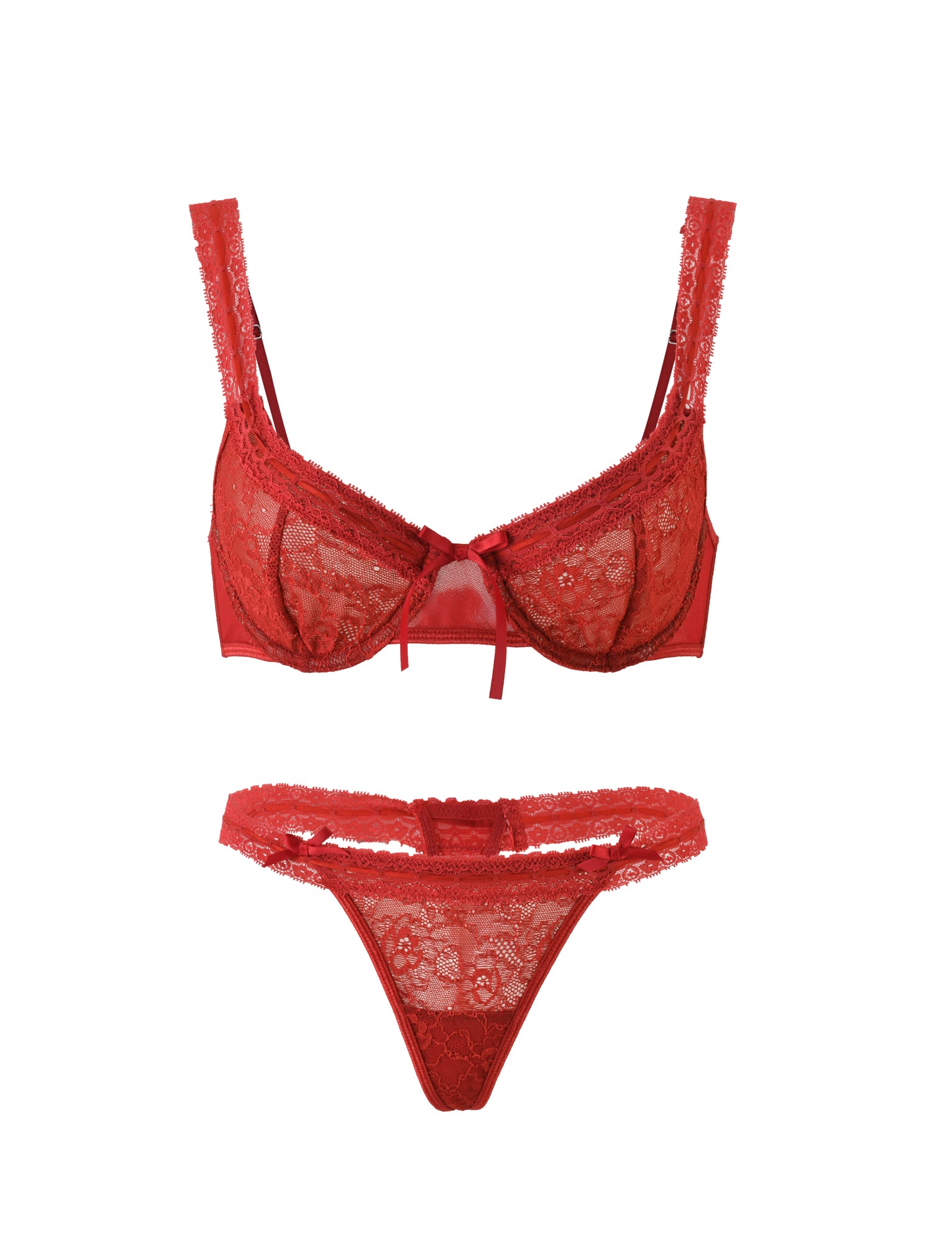 The PANDORA SET - RED : SALSA from TIGERMIST includes a red lace lingerie set featuring a bra with delicate lace detailing, adjustable straps, and a small bow in the center, paired with matching lace bikini-style panties. The design boasts intricate floral patterns throughout.