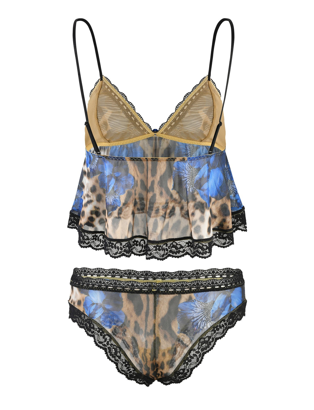 The RAJA SET - MULTI : LEOPARD by TIGERMIST is a lingerie set featuring a beige base with leopard print and blue floral accents. It includes a bralette with thin black straps and an airy, flared design, paired with matching panties. Both pieces are trimmed with black lace detailing.
