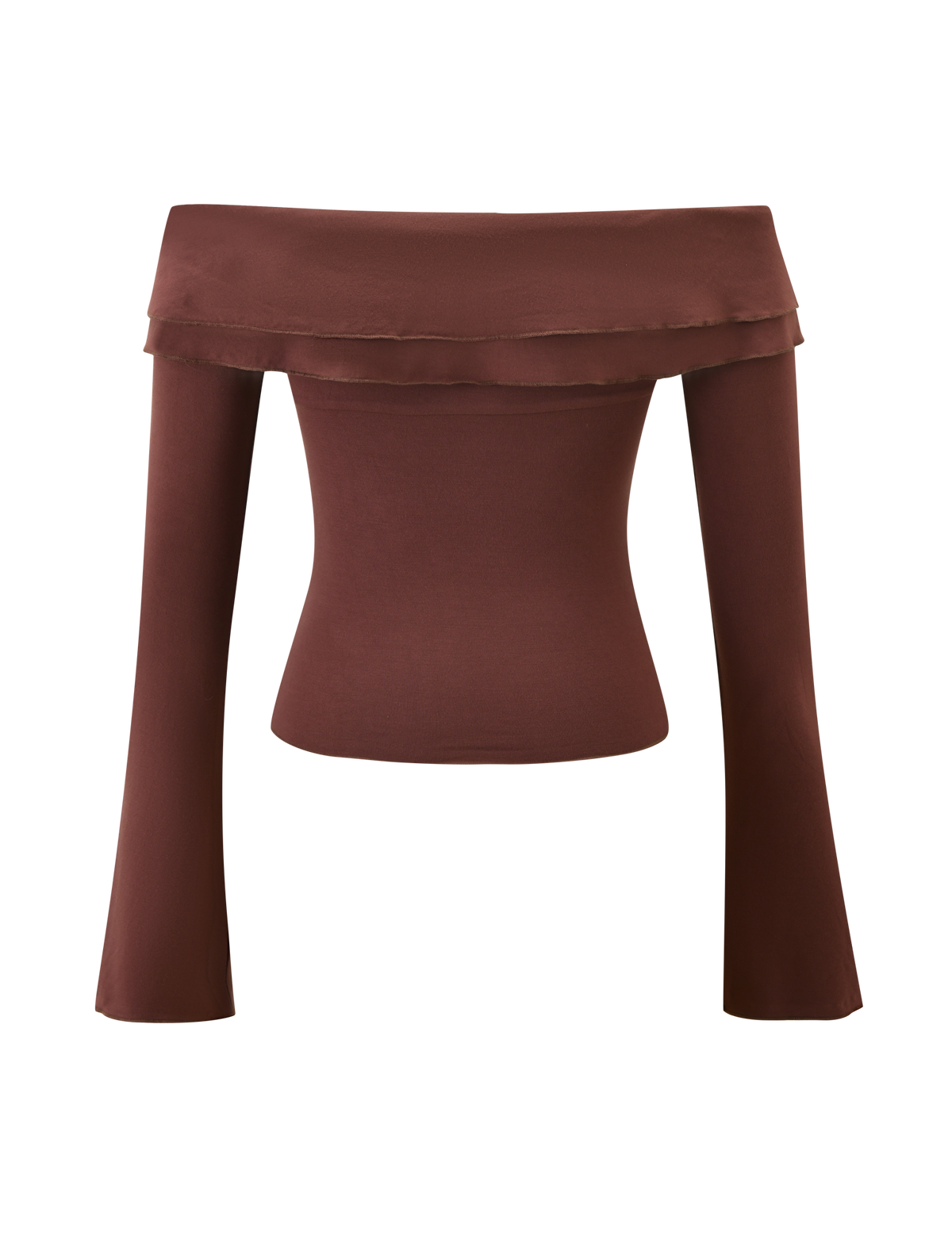 The DENALI LONG SLEEVE TOP in chocolate by TIGERMIST features a fitted bodice, flared long sleeves, an off-shoulder neckline, and layered fabric details for extra style.