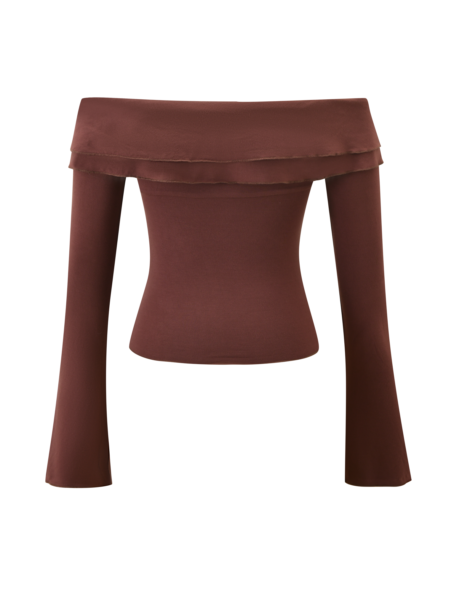 The DENALI LONG SLEEVE TOP in chocolate by TIGERMIST features a fitted bodice, flared long sleeves, an off-shoulder neckline, and layered fabric details for extra style.