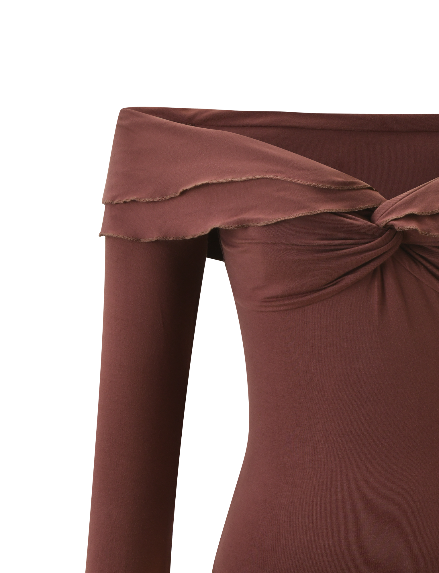A close-up of the TIGERMIST DENALI LONG SLEEVE TOP in chocolate, showcasing its off-shoulder neckline, layered folded detail, and chic front twist accent.