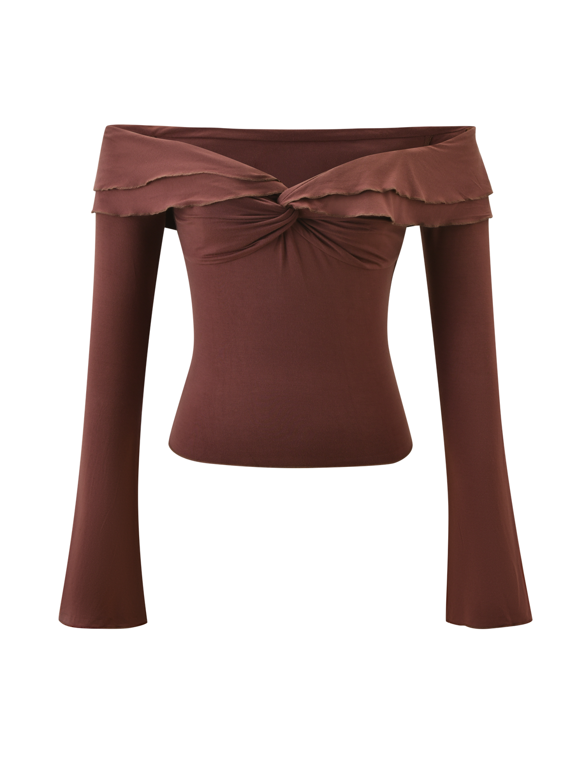 The TIGERMIST DENALI LONG SLEEVE TOP in chocolate features an off-shoulder neckline, twisted knot bust, and layered ruffled detail.