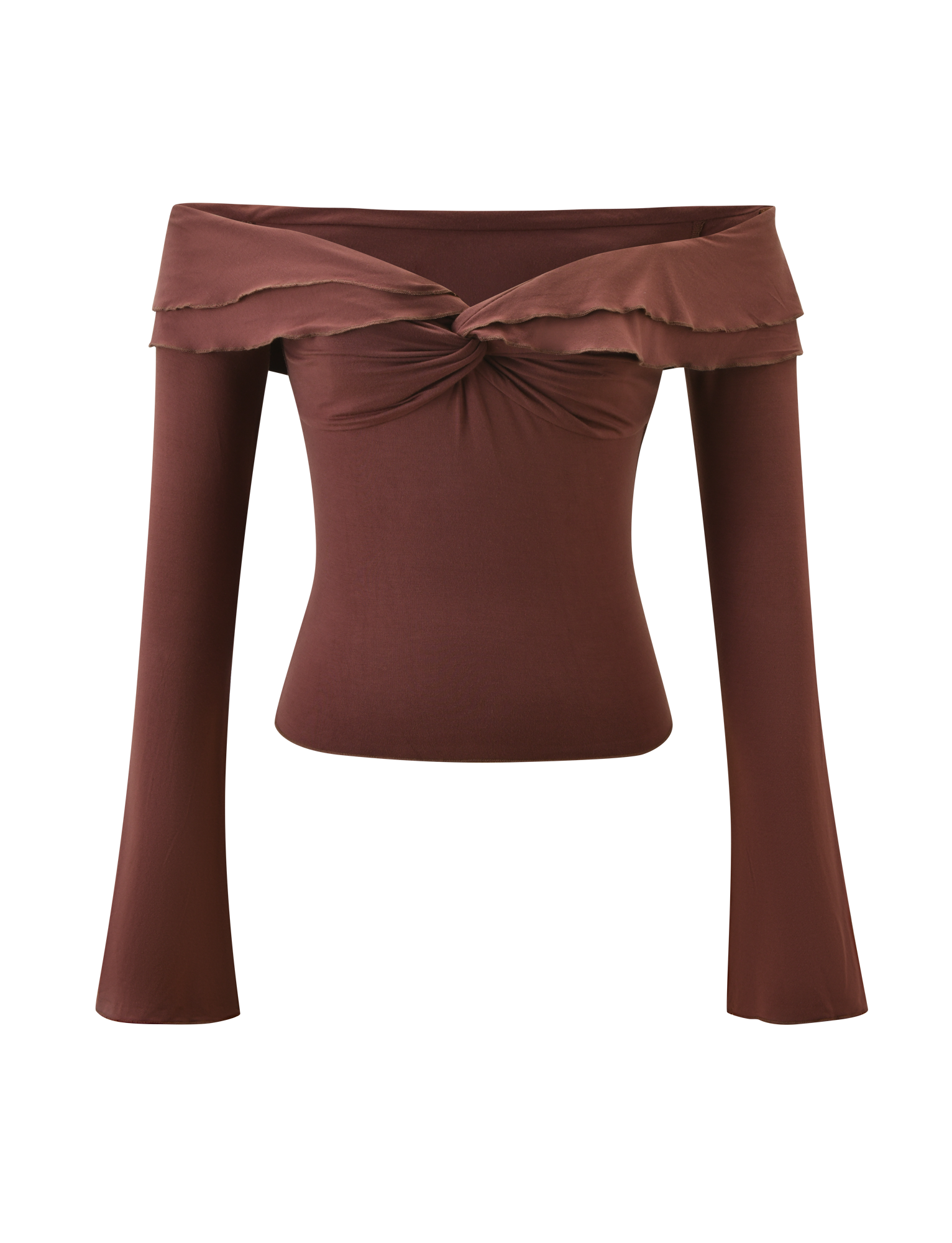 The TIGERMIST DENALI LONG SLEEVE TOP in chocolate features an off-shoulder neckline, twisted knot bust, and layered ruffled detail.