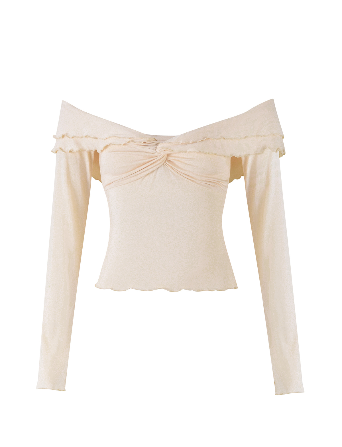 The DENALI LONG SLEEVE TOP - WHITE : BONE by TIGERMIST features off-the-shoulder long sleeves, a twisted chest knot, ruffled sweetheart neckline, and a slightly flared hem for a chic touch.