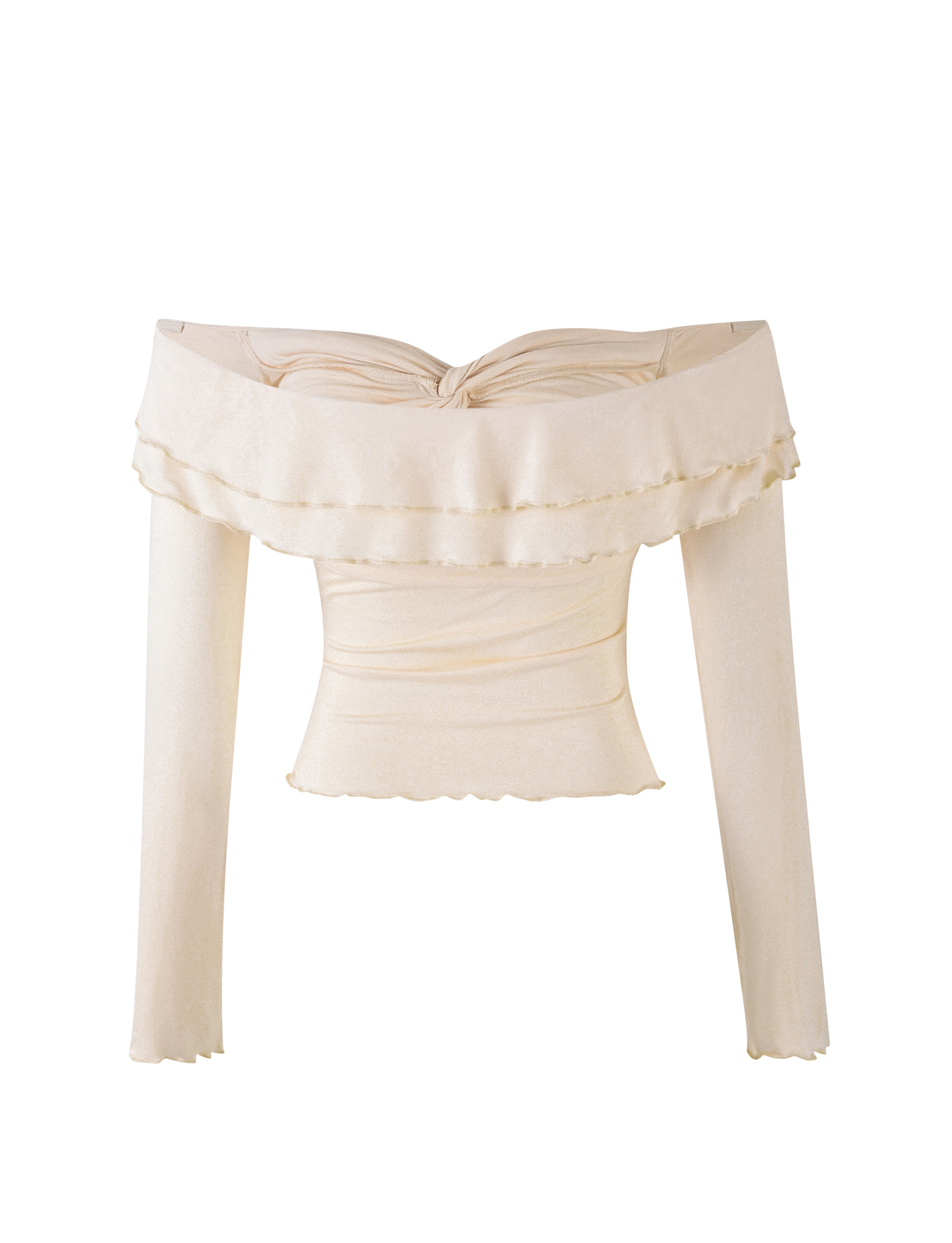 The DENALI LONG SLEEVE TOP - WHITE : BONE by TIGERMIST features an off-the-shoulder, fitted design with long sleeves, ruffled neckline and hem, crafted in soft, stretchy fabric for all-day comfort.