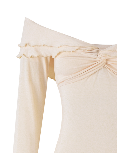 TIGERMIST DENALI LONG SLEEVE TOP in White: Bone features off-the-shoulder sleeves, a ruffled neckline, and a twisted knot at the chest for an effortlessly chic vibe.