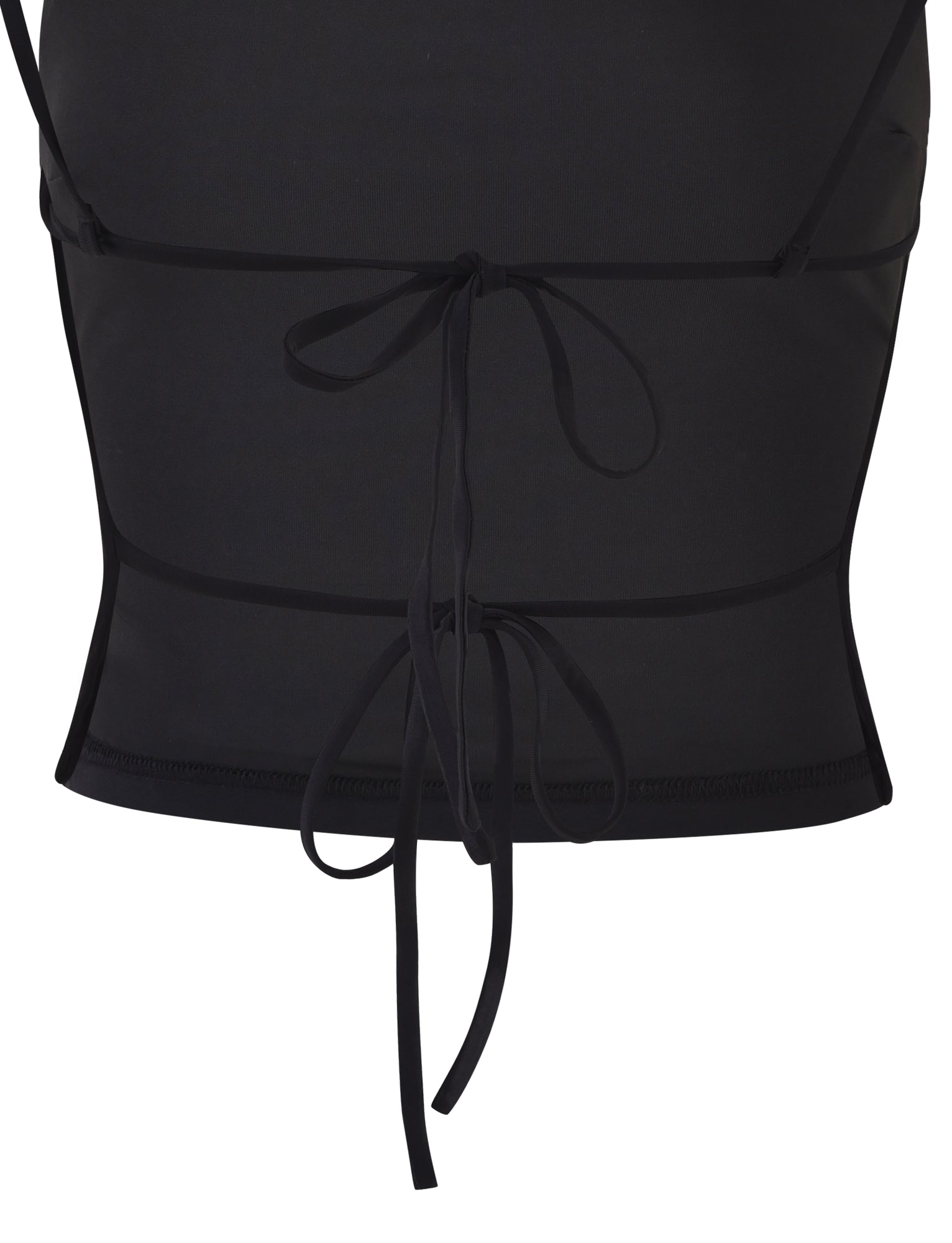 Close-up of the JAIDA TOP - BLACK from TIGERMIST featuring sheer fabric with three thin tie straps. The straps are arranged horizontally at intervals from top to bottom, giving it a sleek and stylish look. The fabric appears to be lightweight and slightly transparent.