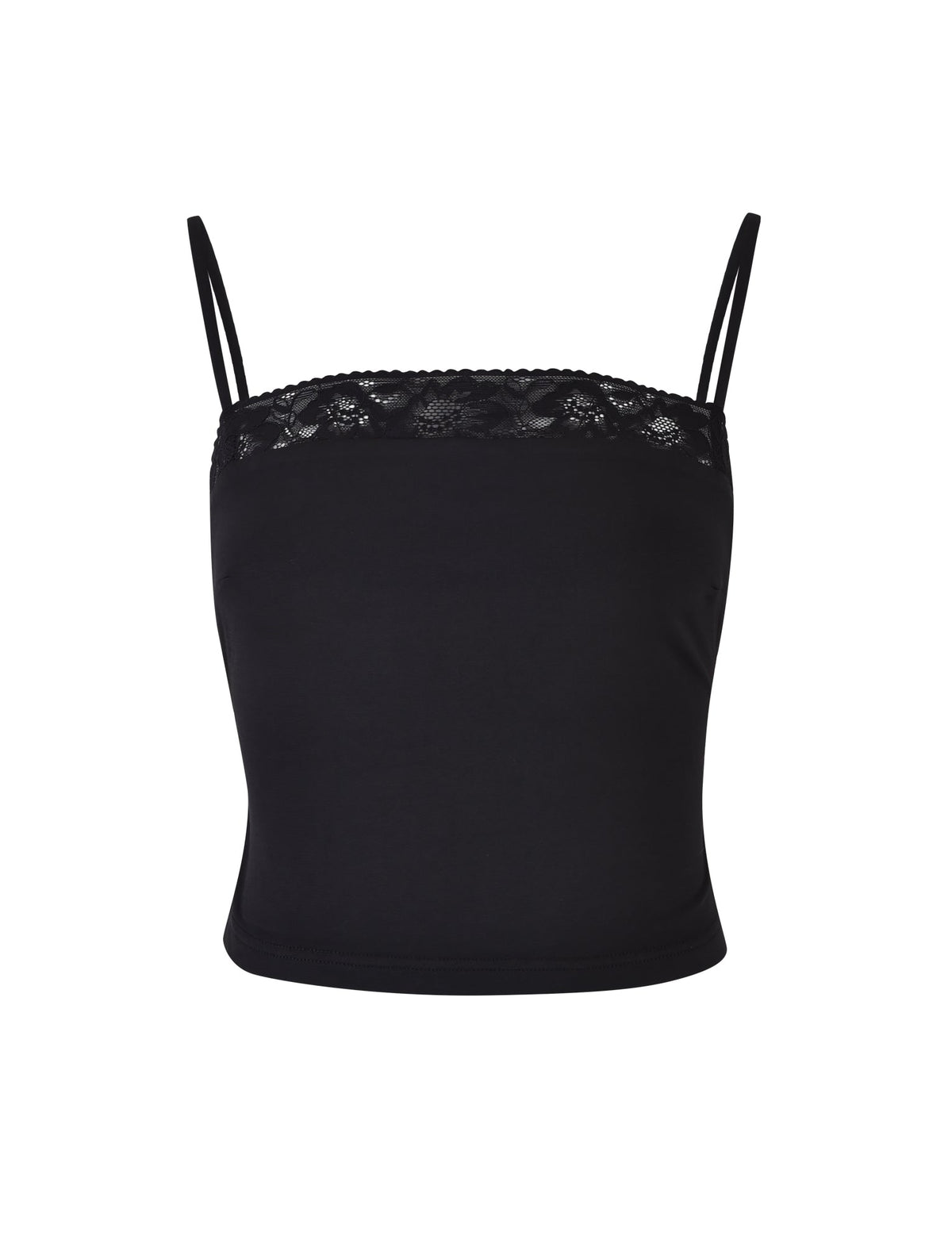 The JAIDA TOP - BLACK from TIGERMIST is a sleek black camisole featuring thin spaghetti straps and a delicate lace trim along the top edge. The smooth fabric and close-fitting design ensure a stylish and polished appearance.