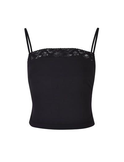 The JAIDA TOP - BLACK from TIGERMIST is a sleek black camisole featuring thin spaghetti straps and a delicate lace trim along the top edge. The smooth fabric and close-fitting design ensure a stylish and polished appearance.