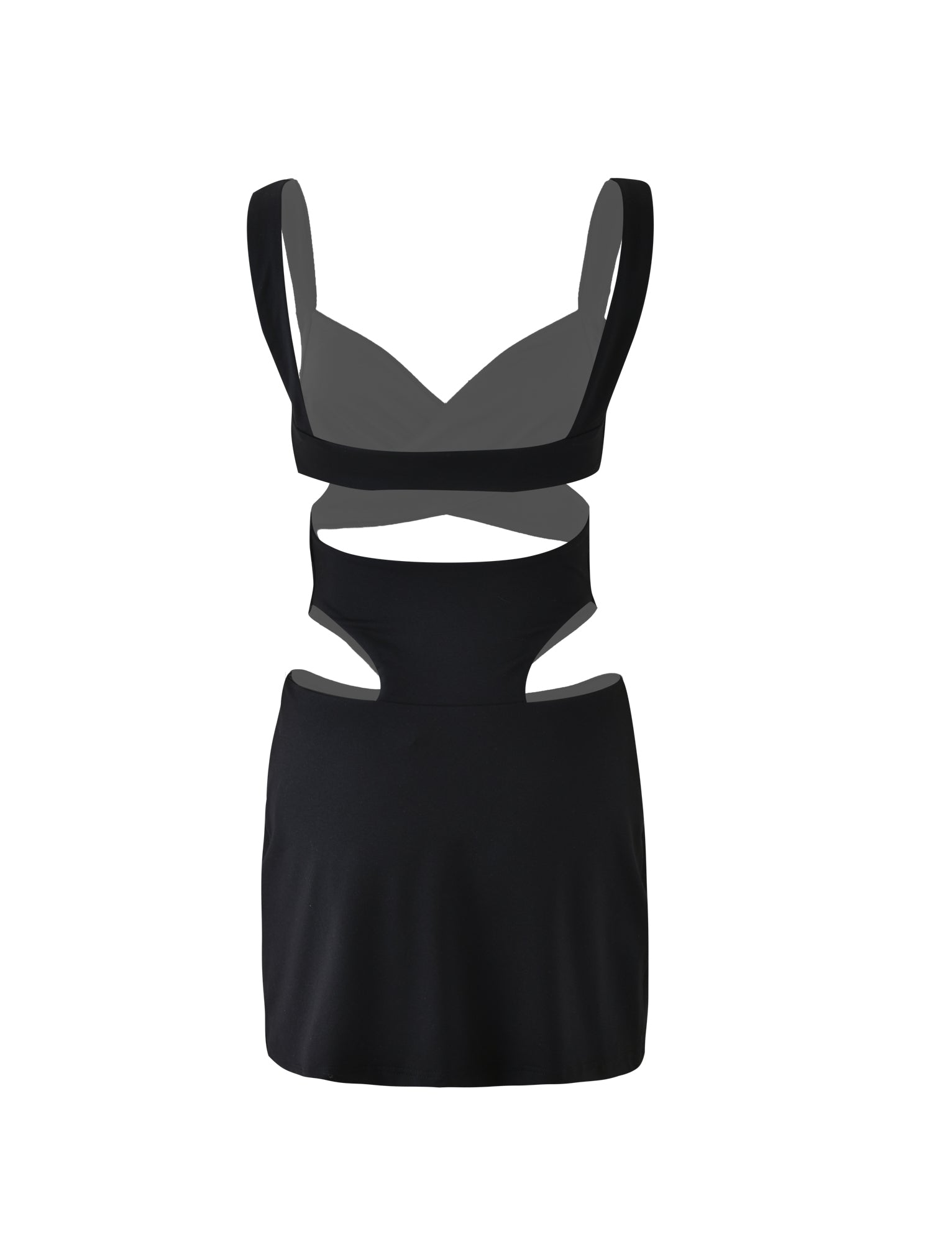 Introducing the SILVIA DRESS - BLACK from TIGERMIST, a stunning mini dress featuring a unique cut-out design. It boasts wide shoulder straps, a sweetheart neckline, and midriff cut-outs that create an hourglass silhouette. The fitted skirt elegantly falls to mid-thigh.