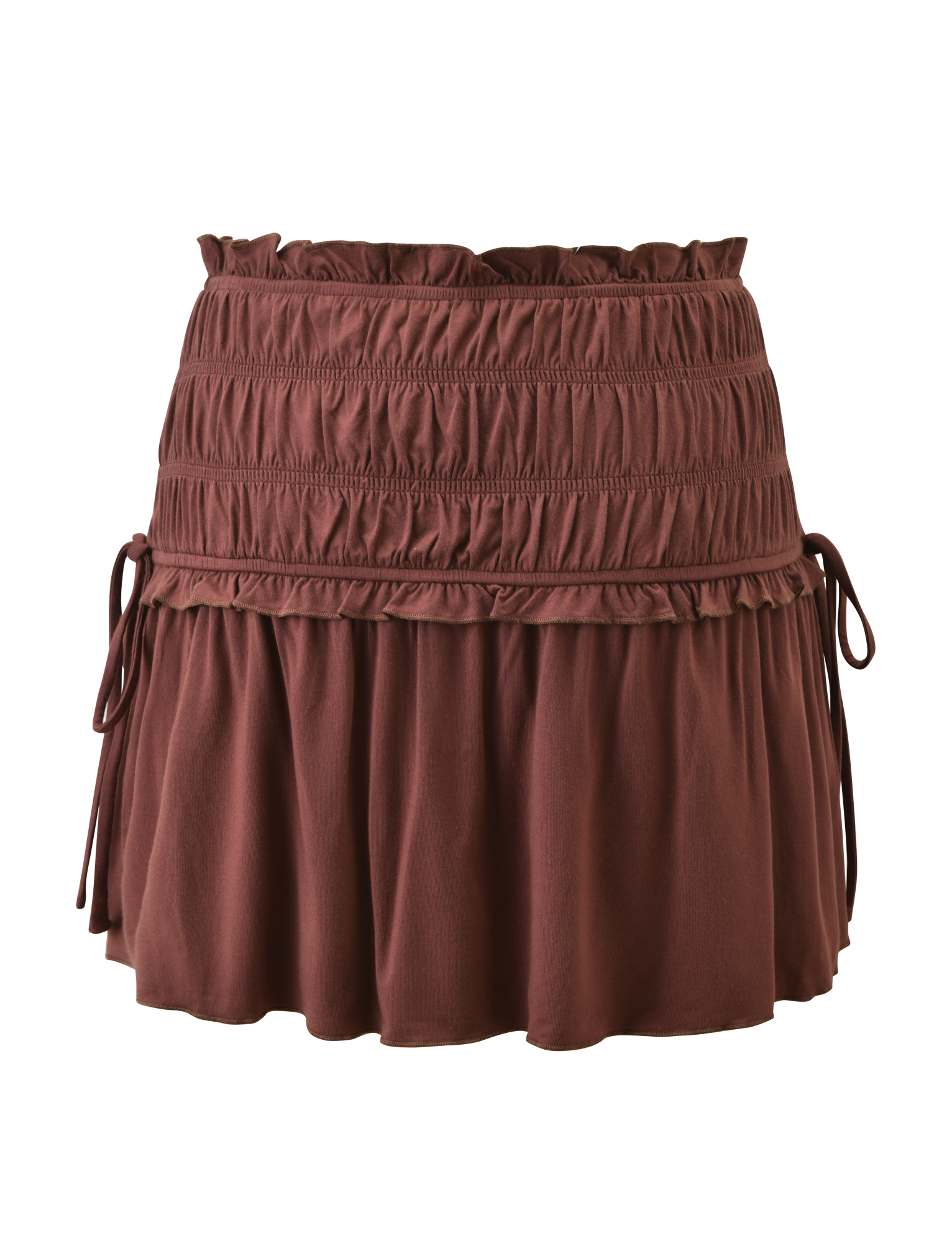 The TIGERMIST DENALI MINI SKIRT - CHOCOLATE features a high-waisted fit, ruffled pleats, smocked waistband, and side ties, shown against a plain white background.