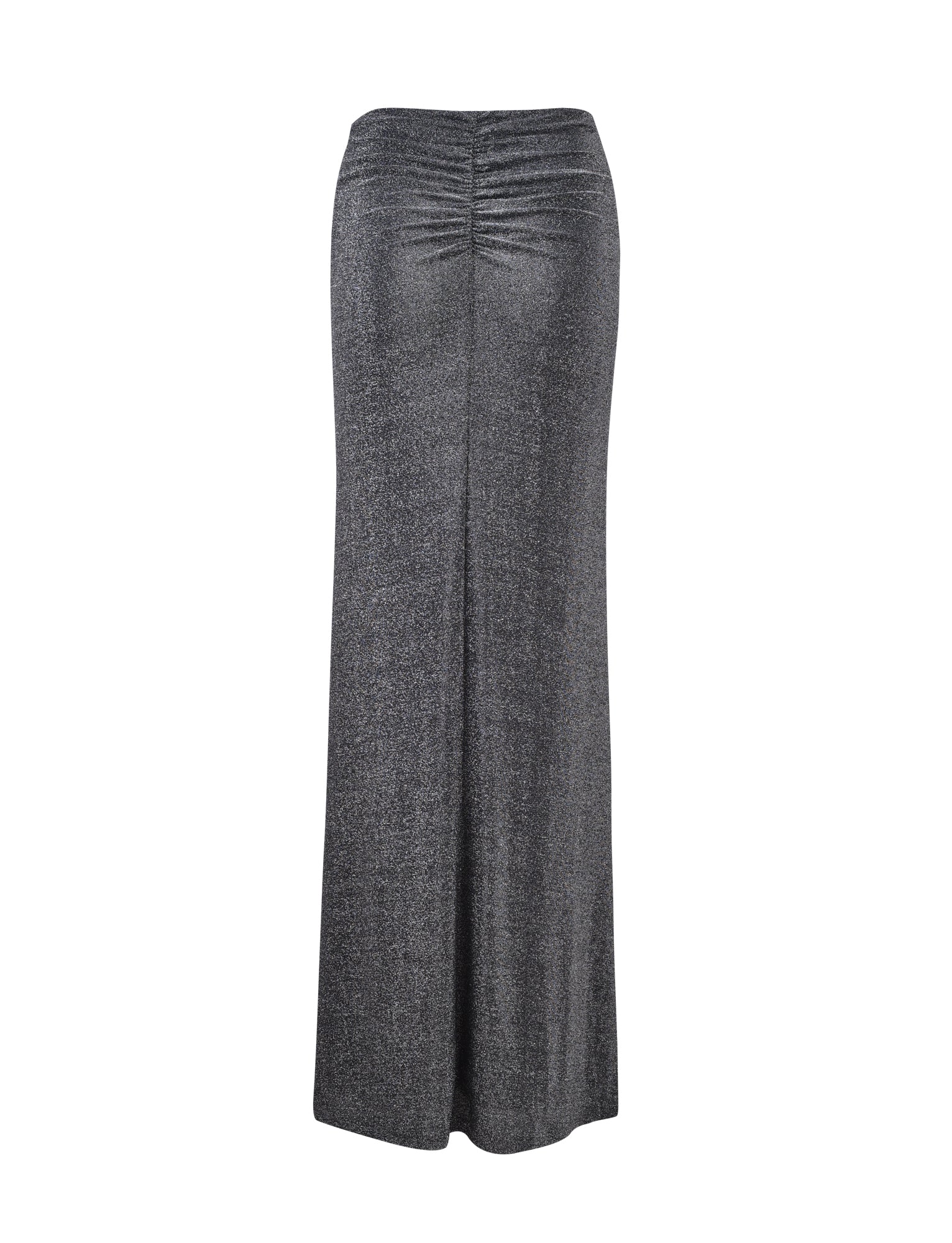 An ankle-length, black shimmer skirt from TIGERMIST, named the DAISIE SKIRT, featuring a high waist and ruching detail at the back. The fabric has a subtle shimmer, creating a sleek and elegant appearance.