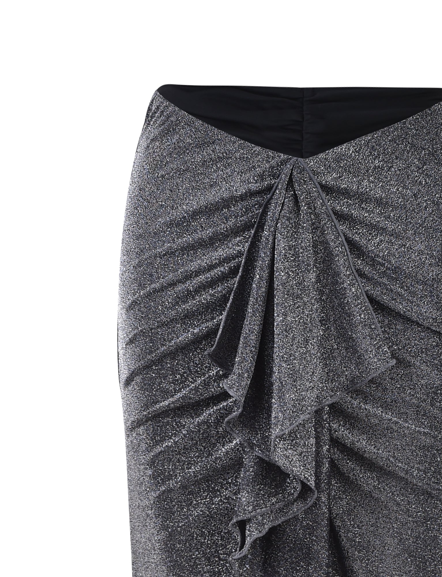 Close-up of a TIGERMIST DAISIE SKIRT - BLACK : BLACK SHIMMER with a textured, sparkly fabric. The skirt features ruching at the sides and a cascading ruffle detail down the front. The waistband is black and the garment has a fitted silhouette.