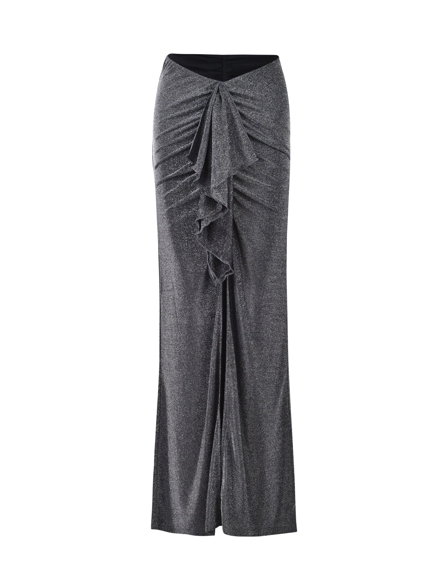 The DAISIE SKIRT by TIGERMIST is a high-waisted black shimmer skirt that features a ruffled design down the center front, adding texture and elegance. It flares slightly at the hem, creating a sophisticated silhouette with its soft and flowy fabric.