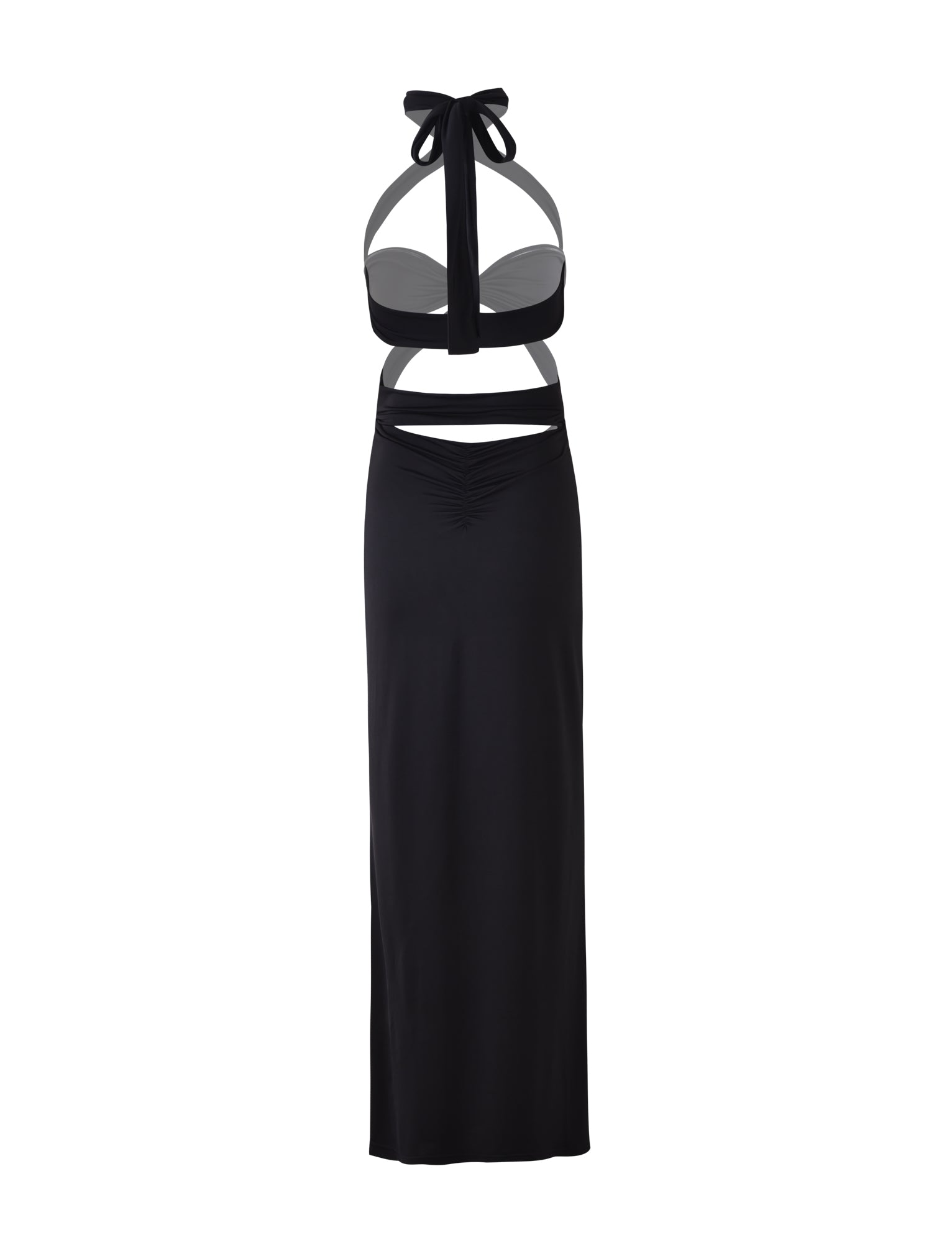 Introducing the TAMSIN MAXI DRESS - BLACK from TIGERMIST, a sleek black sleeveless halter-neck creation featuring cut-out sections at the waist and a fitted long skirt. The minimalist design is completed with a tied bow at the neck, exuding modern elegance.