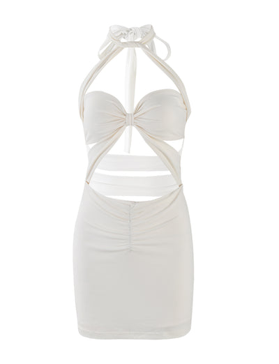 The TAMSIN MINI DRESS - WHITE : OFF WHITE : IVORY by TIGERMIST features a knotted front with cutout details around the waist and below the bust. This elegant mini dress has a fitted, ruched design with smooth, sleek fabric, exuding a stylish appearance.