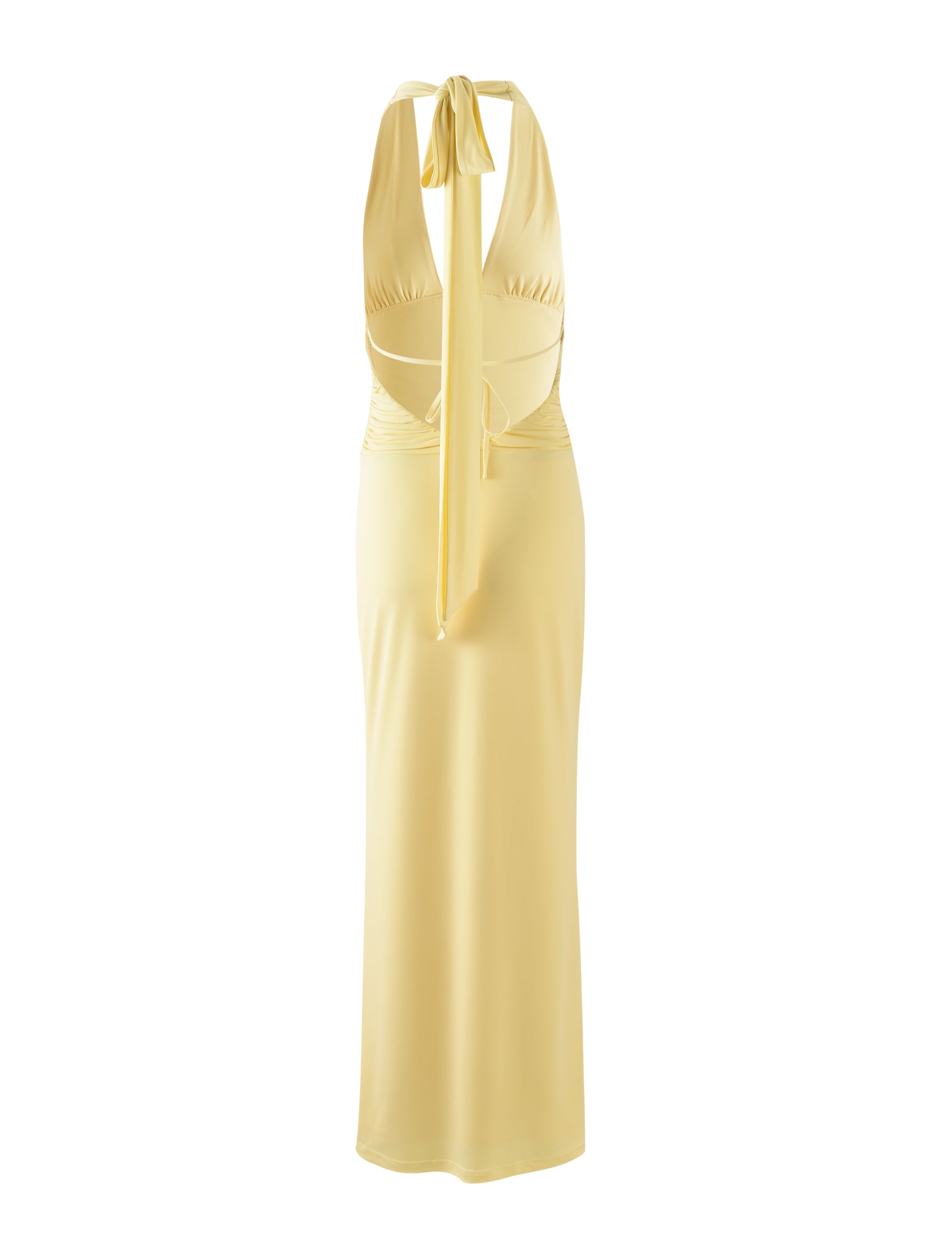A stunning floor-length Lenora Dress from Tiger Mist is displayed, featuring a pale yellow fitted bodice with gathered detail and an open back. The halter neck ties into a bow at the neck, and the fabric appears smooth and slightly shiny.